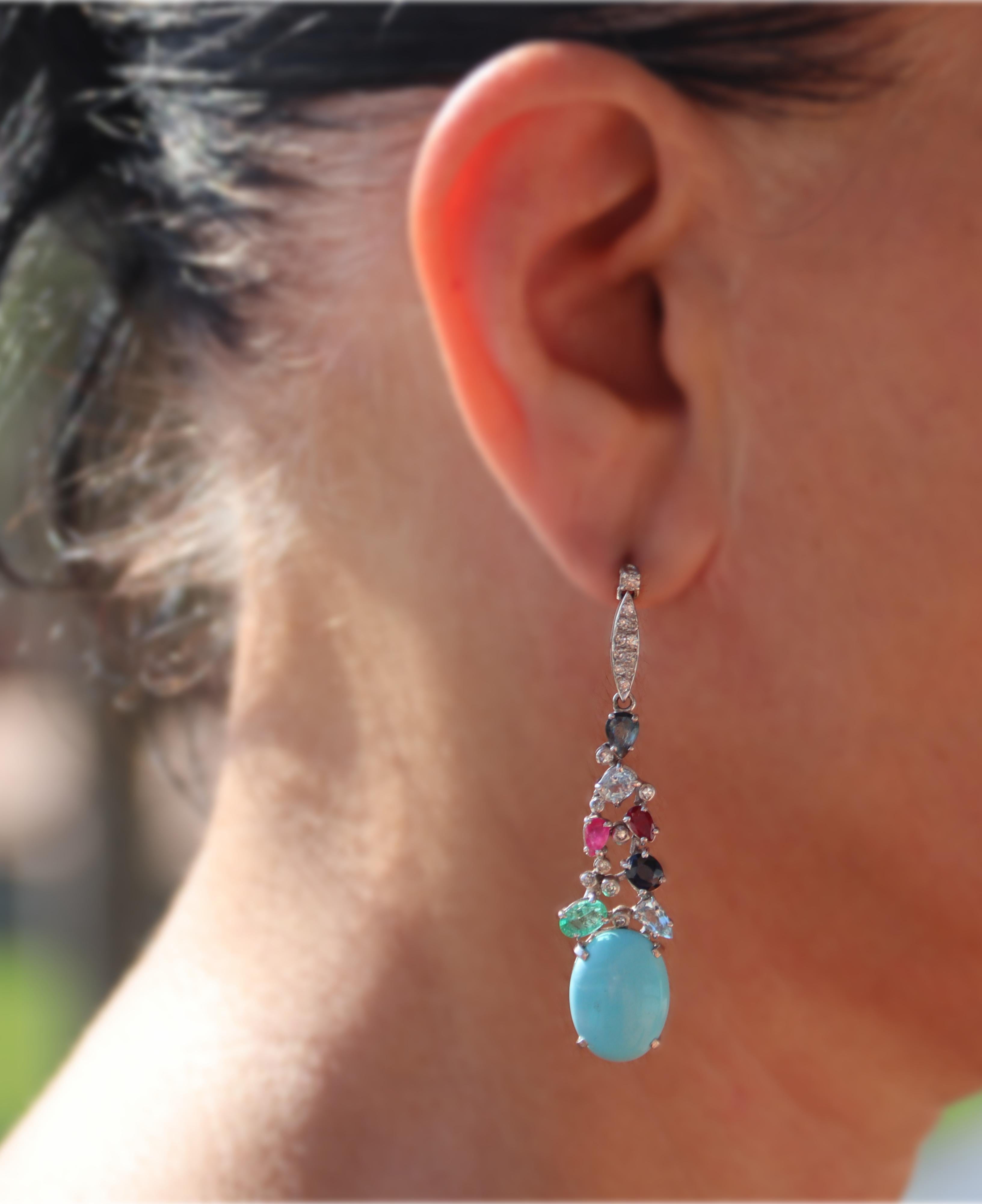 Turquoise Diamonds Sapphires Emeralds Rubies 18 Karat White Gold Drop Earrings For Sale 1