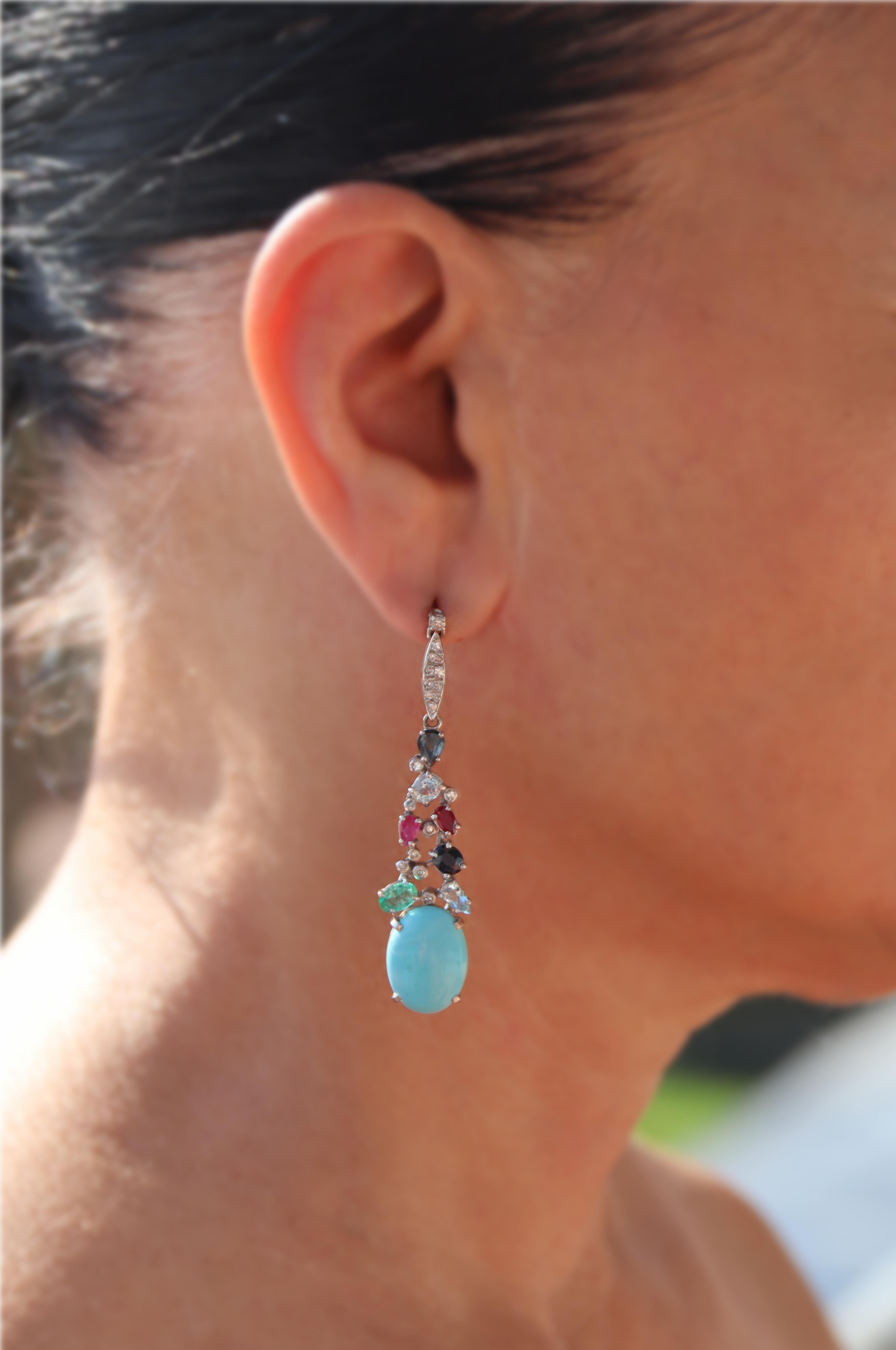 Turquoise Diamonds Sapphires Emeralds Rubies 18 Karat White Gold Drop Earrings For Sale 2