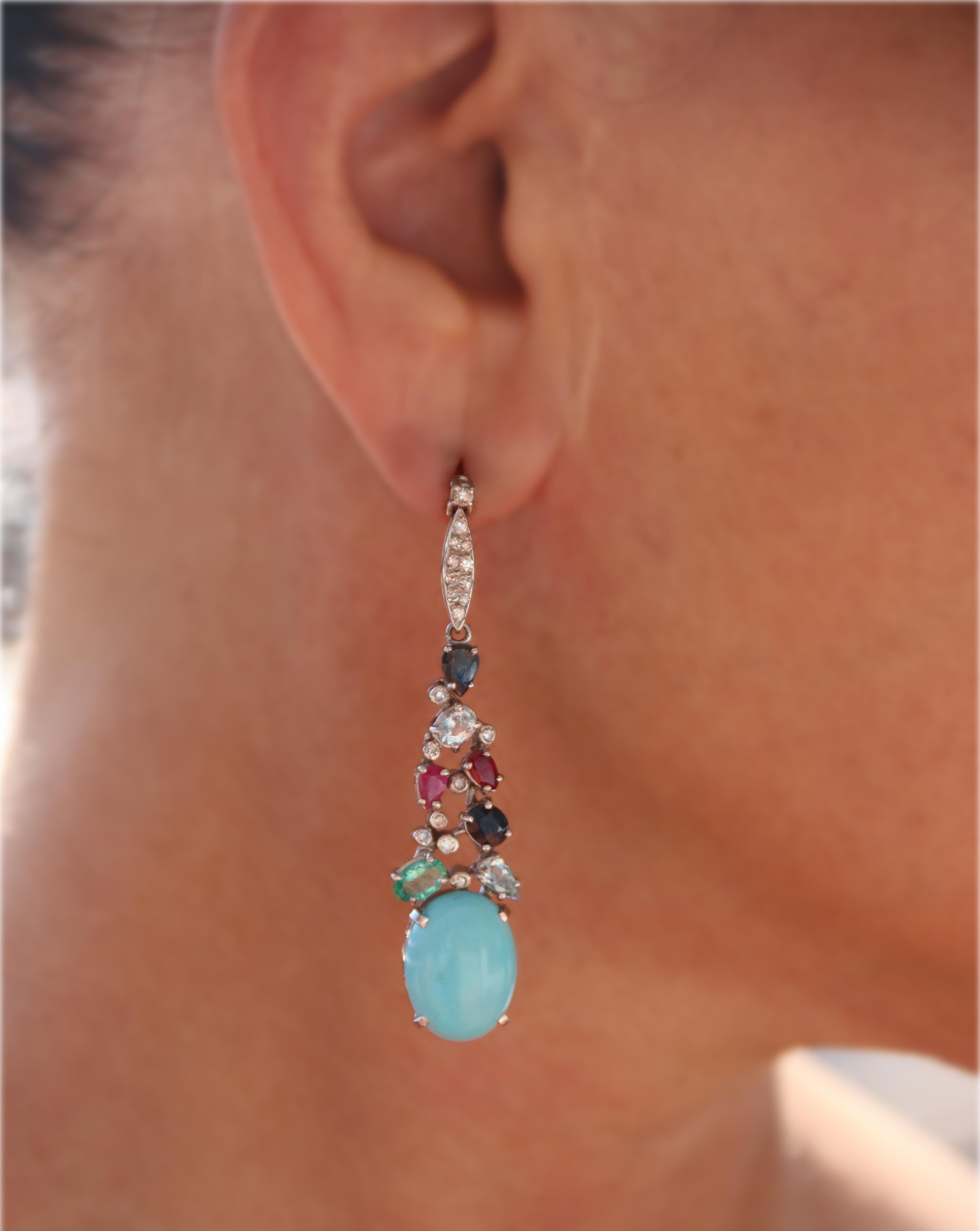 Turquoise Diamonds Sapphires Emeralds Rubies 18 Karat White Gold Drop Earrings For Sale 3