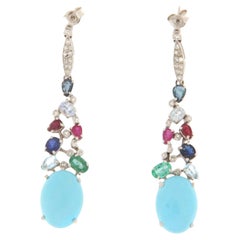 Turquoise Diamonds Sapphires Emeralds Rubies 18 Karat White Gold Drop Earrings