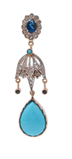 Turquoise, Diamonds, Sapphires, Rose Gold and Silver Earrings.