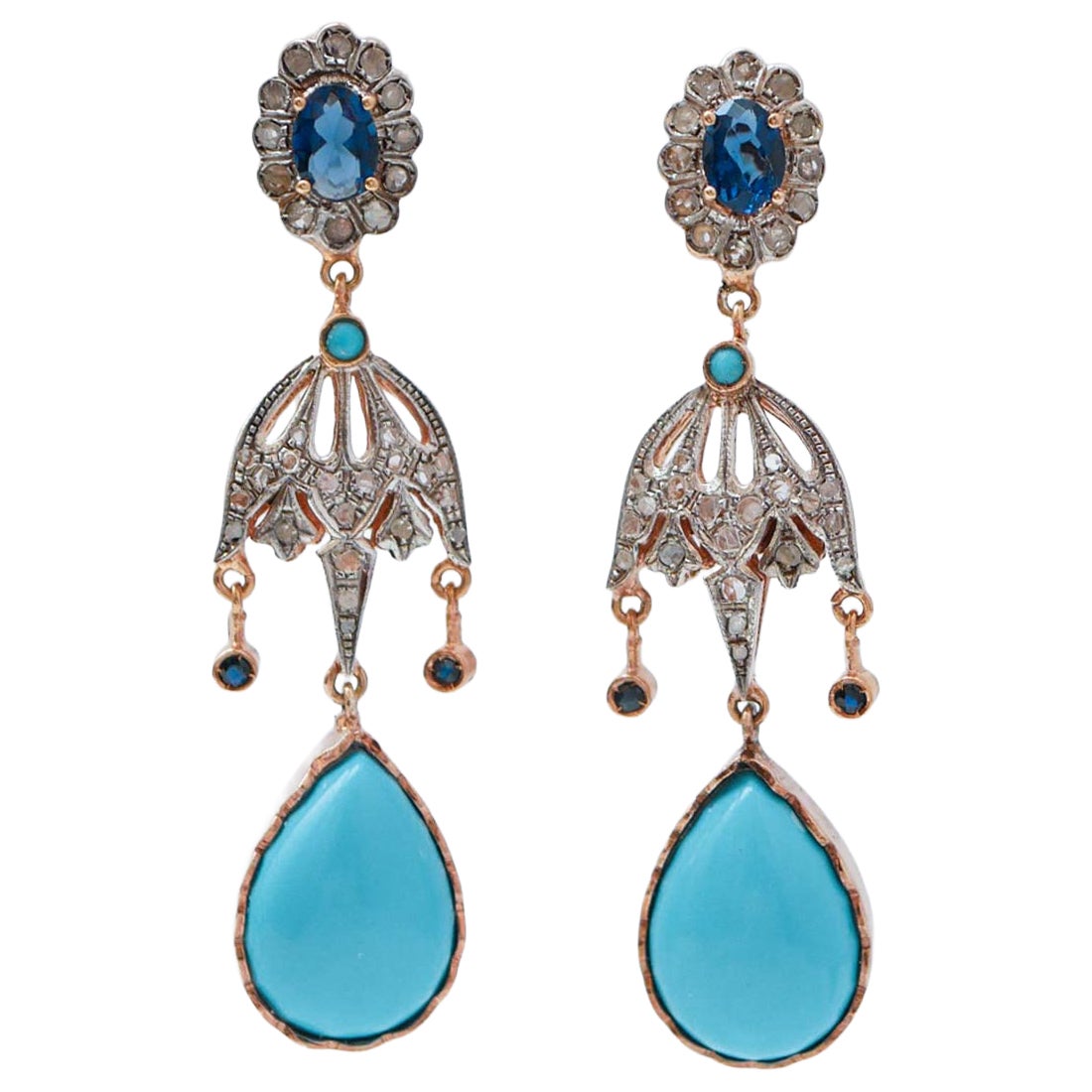 Boucles d'oreilles en turquoise, diamants, saphirs, or rose et argent.