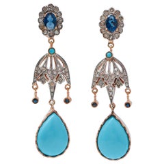 Turquoise, Diamonds, Sapphires, Rose Gold and Silver Earrings.