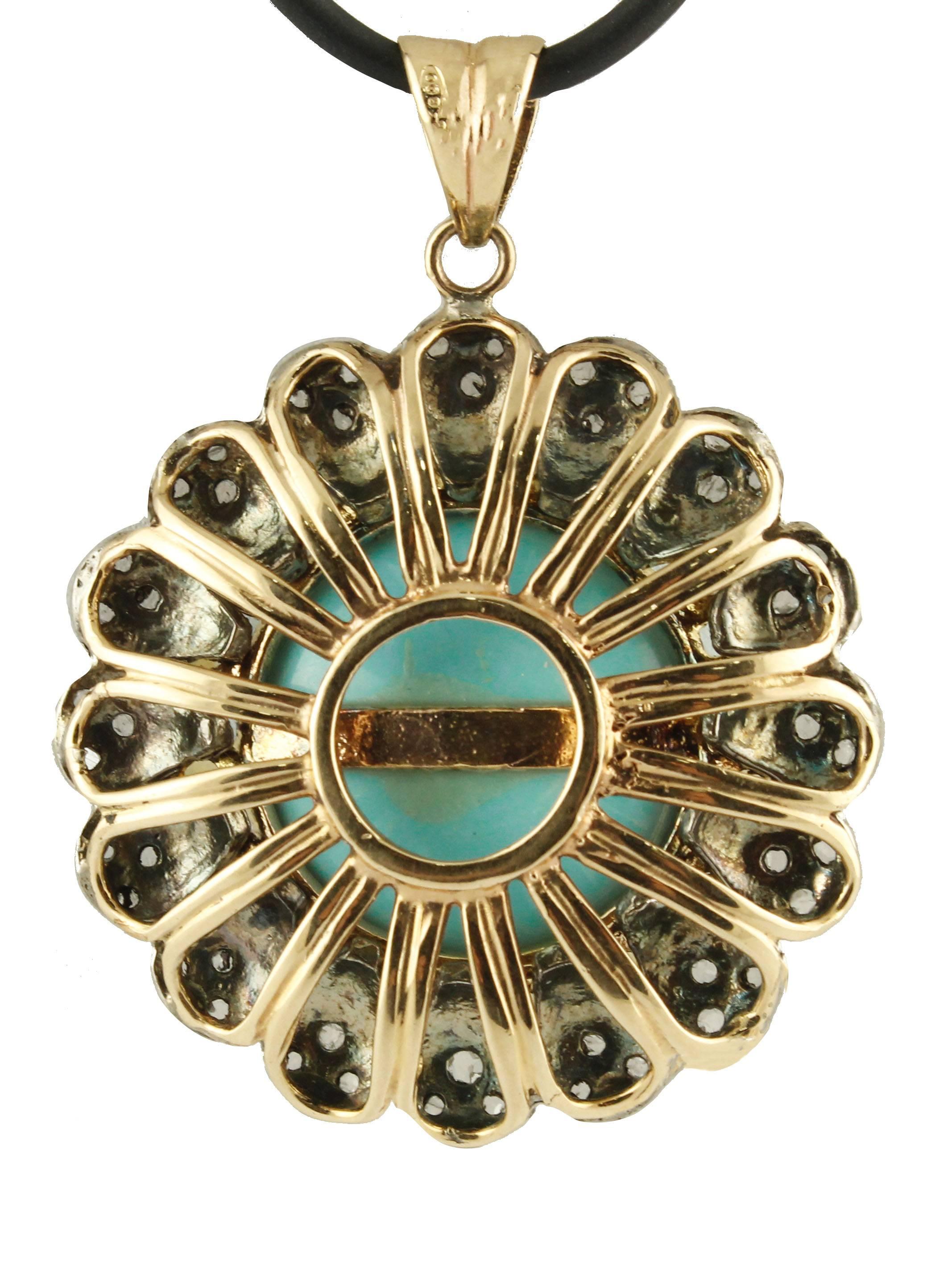 Retro Turquoise Diamonds Topazes Rose Gold and Silver Pendant For Sale