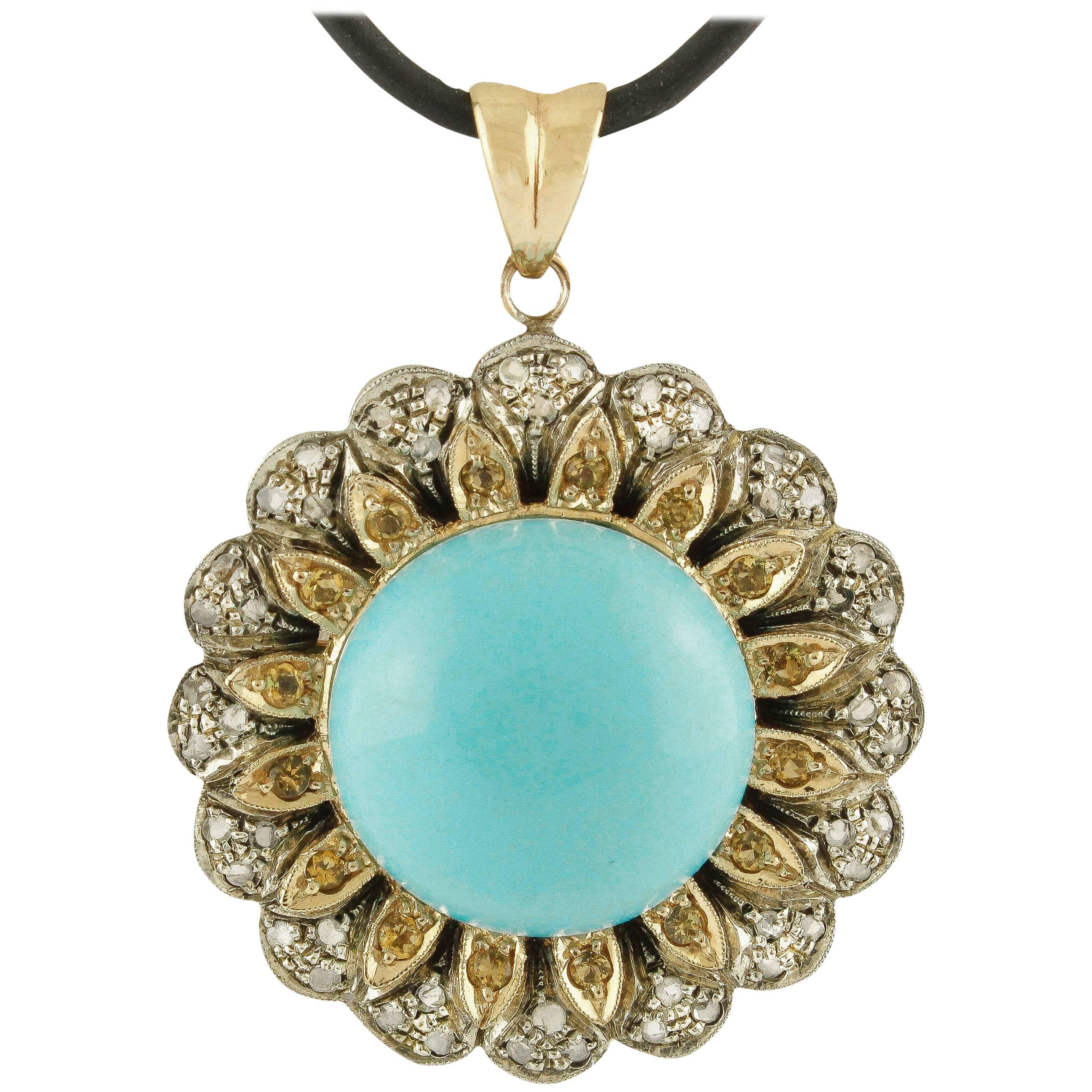 Turquoise Diamonds Topazes Rose Gold and Silver Pendant