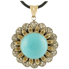 Retro Turquoise Diamonds Topazes Rose Gold and Silver Pendant