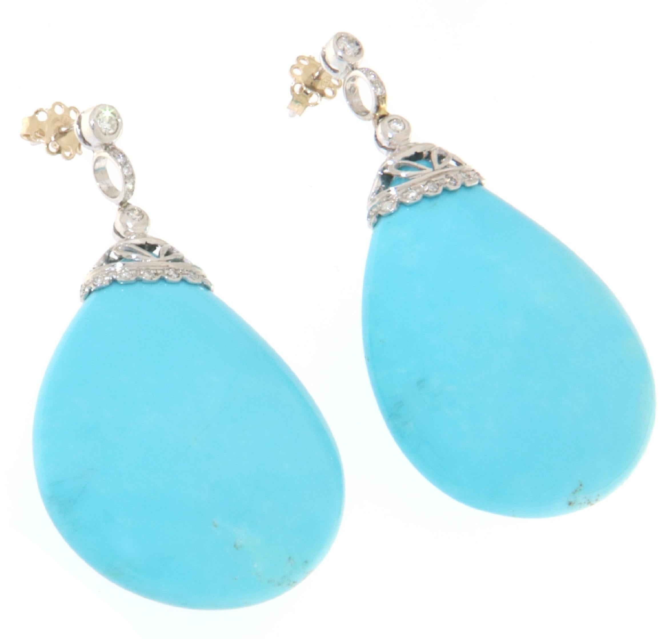 Artisan Turquoise Diamonds  White Gold 18 Karat Drop Earrings For Sale