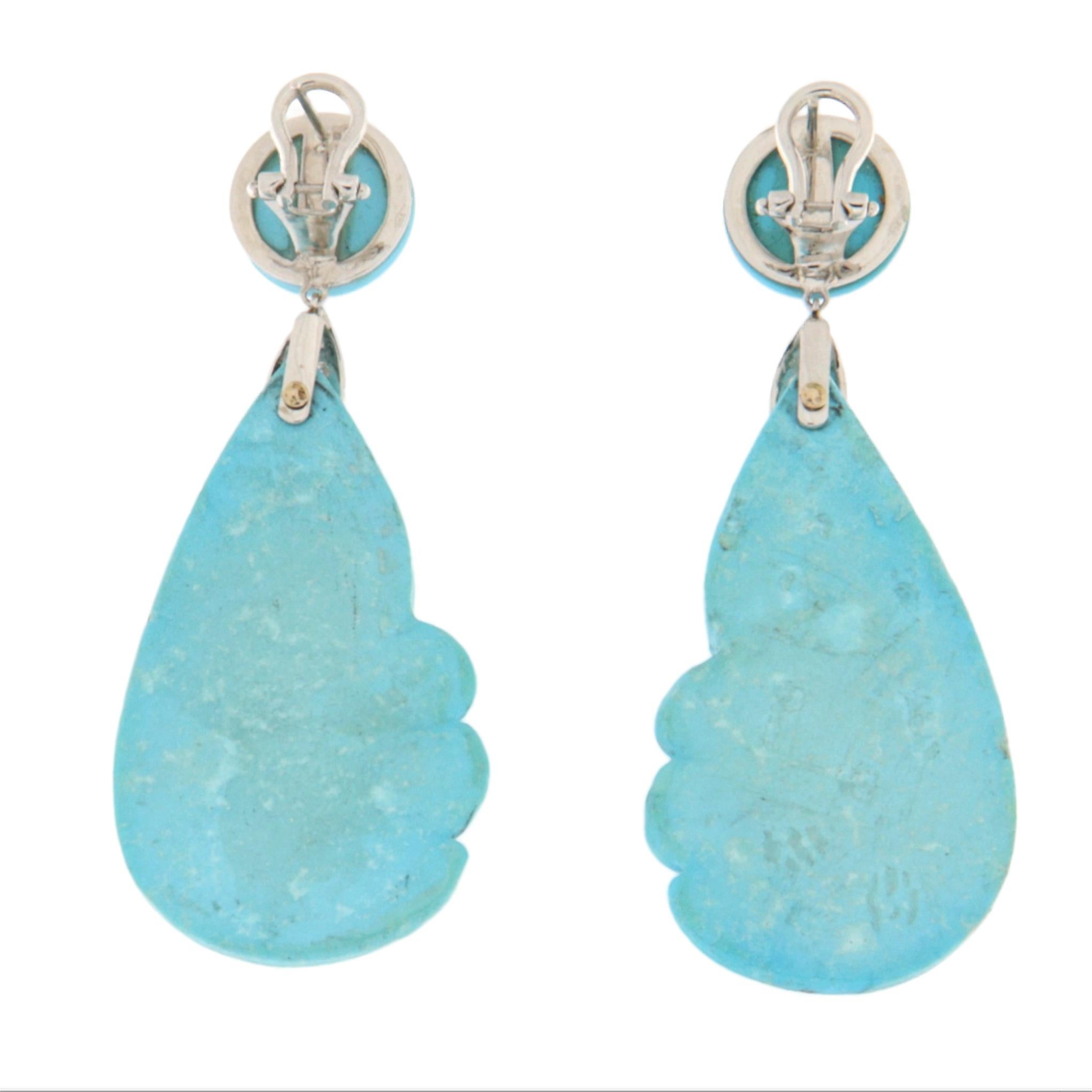 Taille brillant Boucles d'oreilles pendantes en or blanc 18 carats avec turquoise et diamants en vente