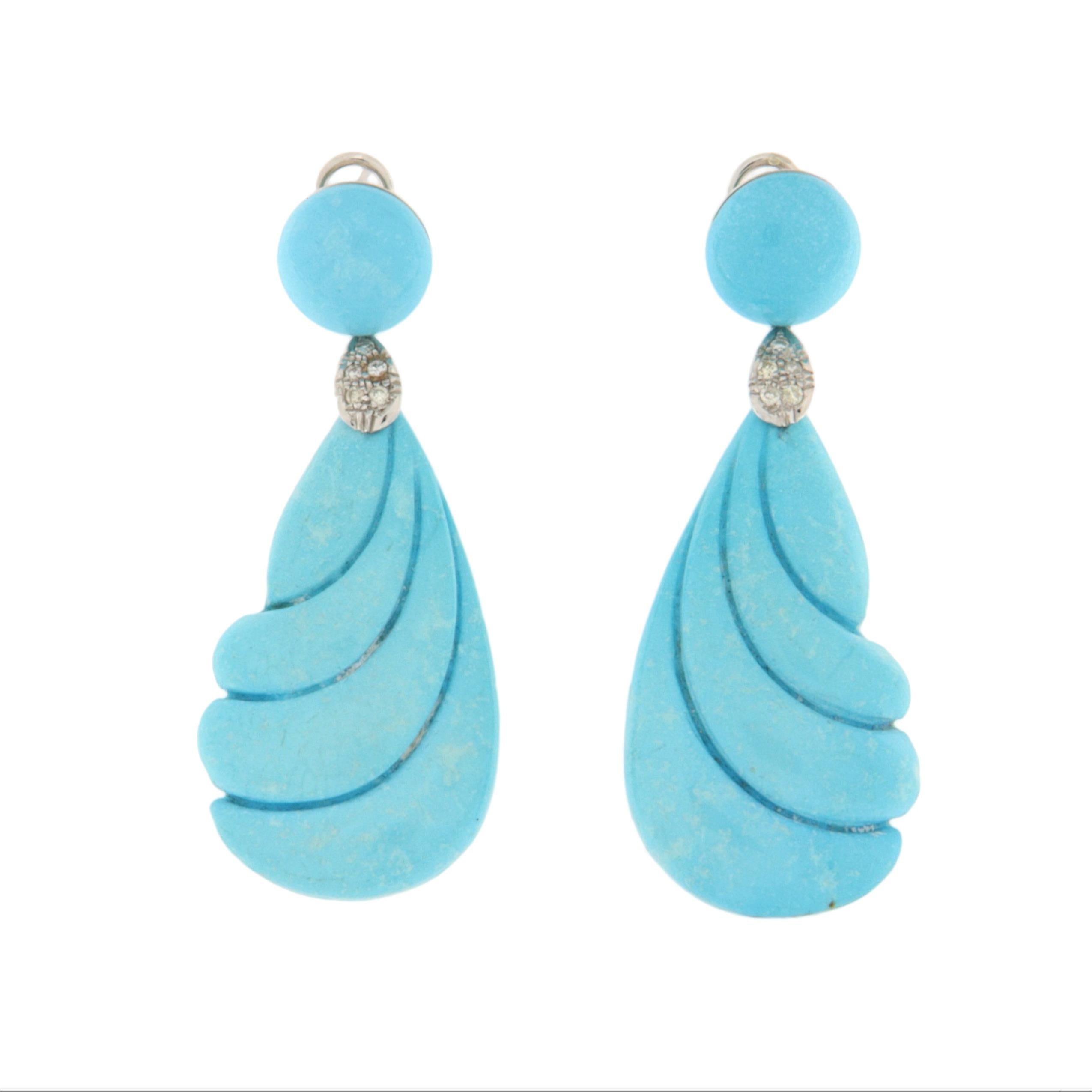 Boucles d'oreilles pendantes en or blanc 18 carats avec turquoise et diamants Neuf - En vente à Marcianise, IT