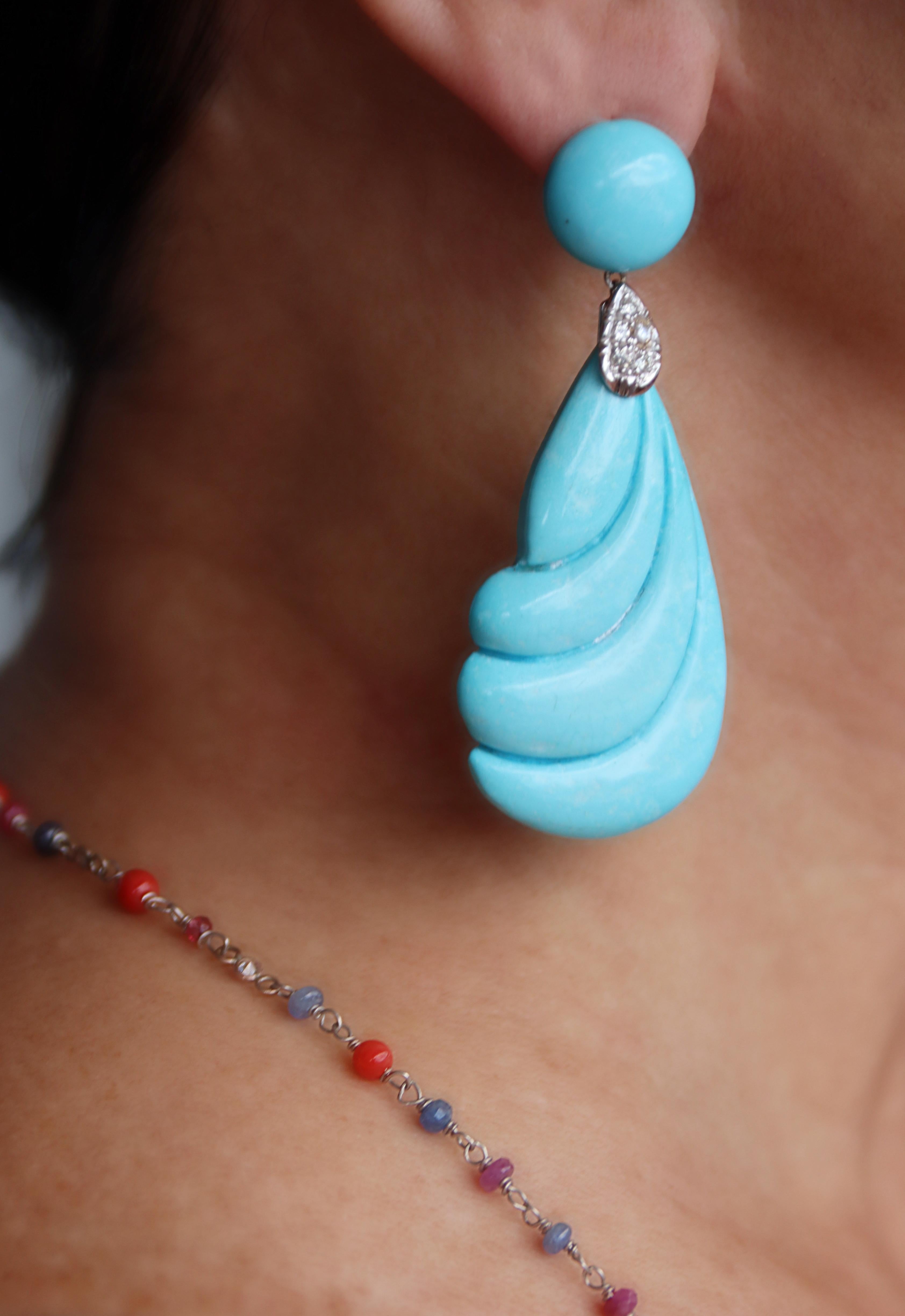 Boucles d'oreilles pendantes en or blanc 18 carats avec turquoise et diamants Pour femmes en vente