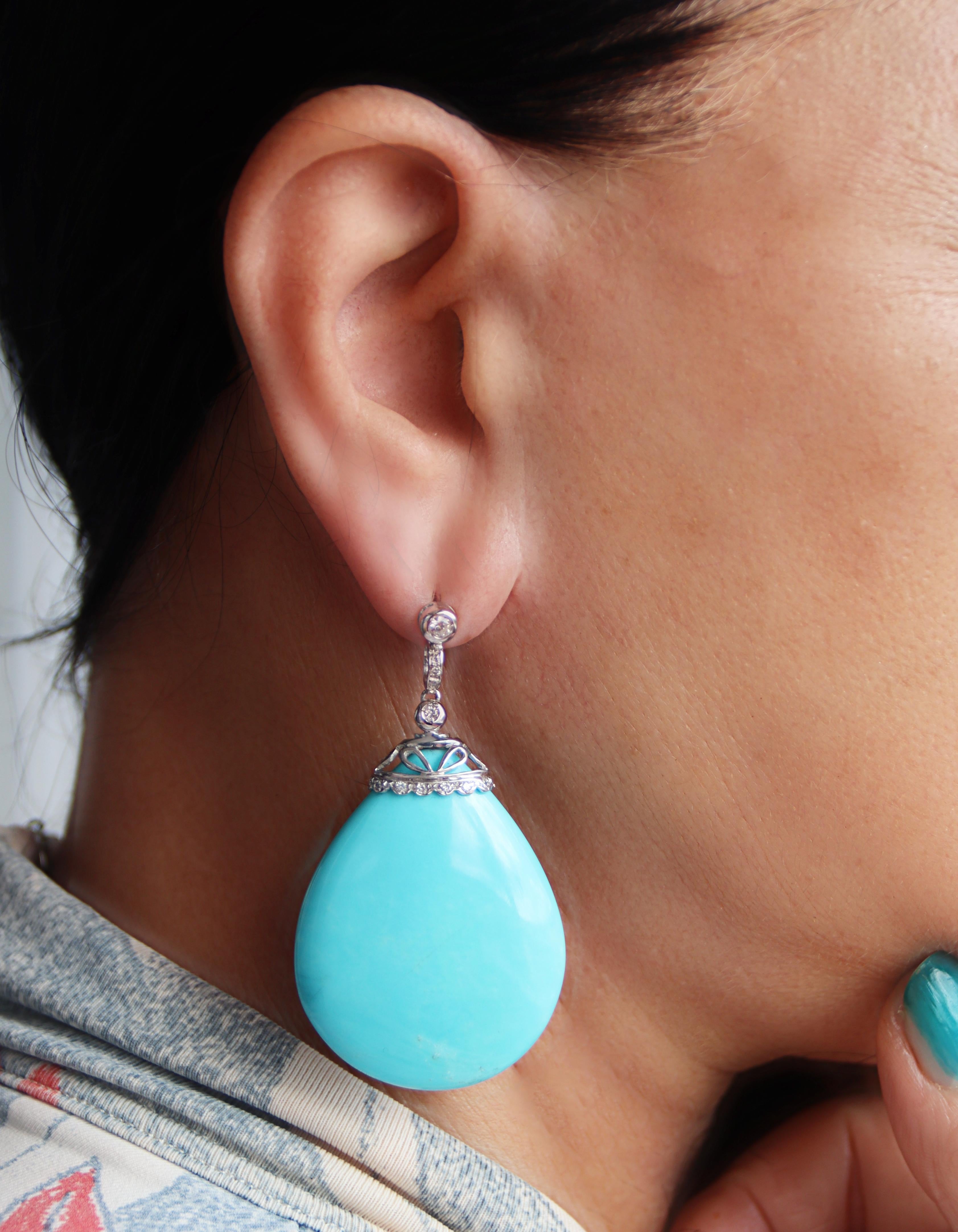 Turquoise Diamonds  White Gold 18 Karat Drop Earrings For Sale 1
