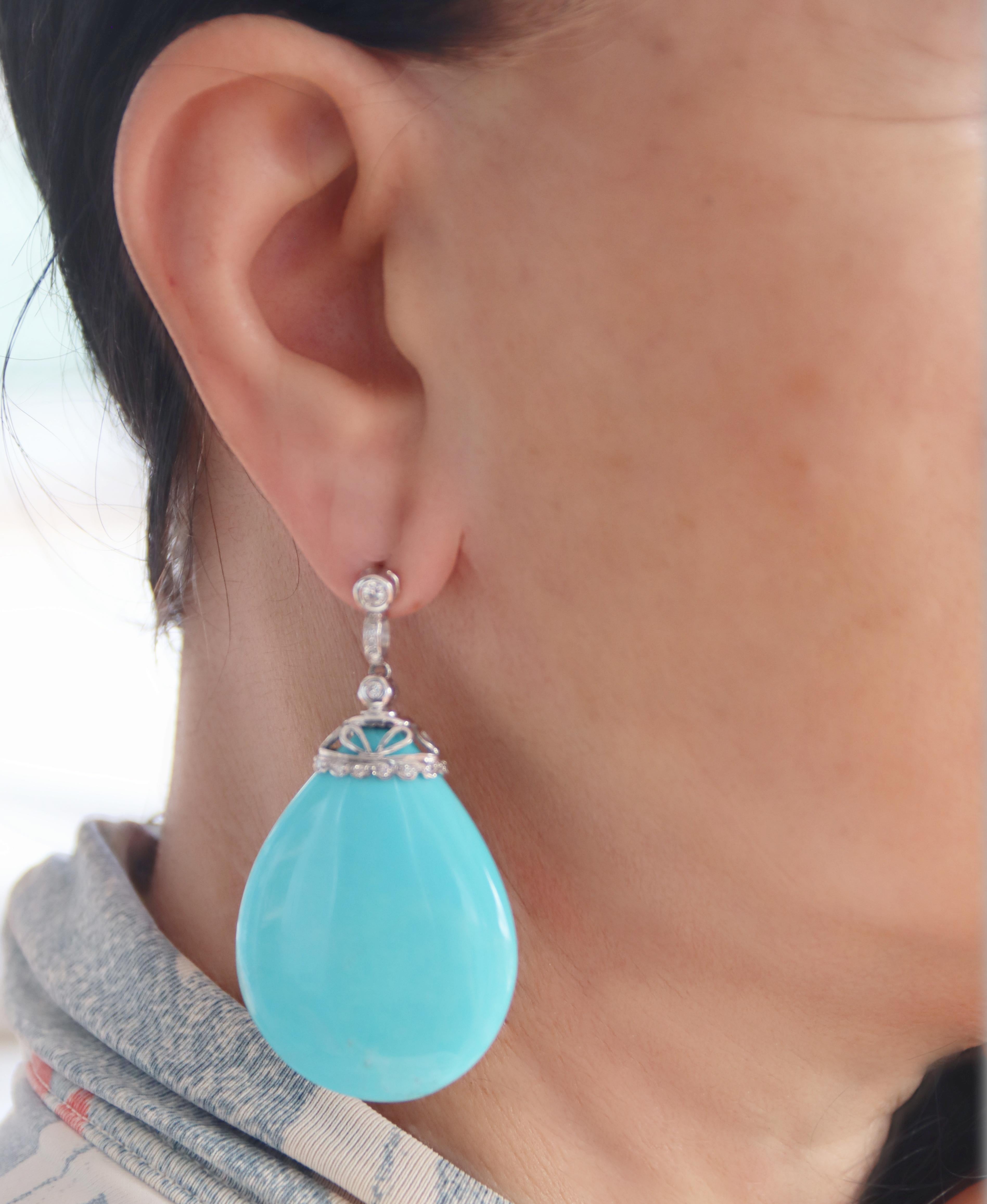 Turquoise Diamonds  White Gold 18 Karat Drop Earrings For Sale 2