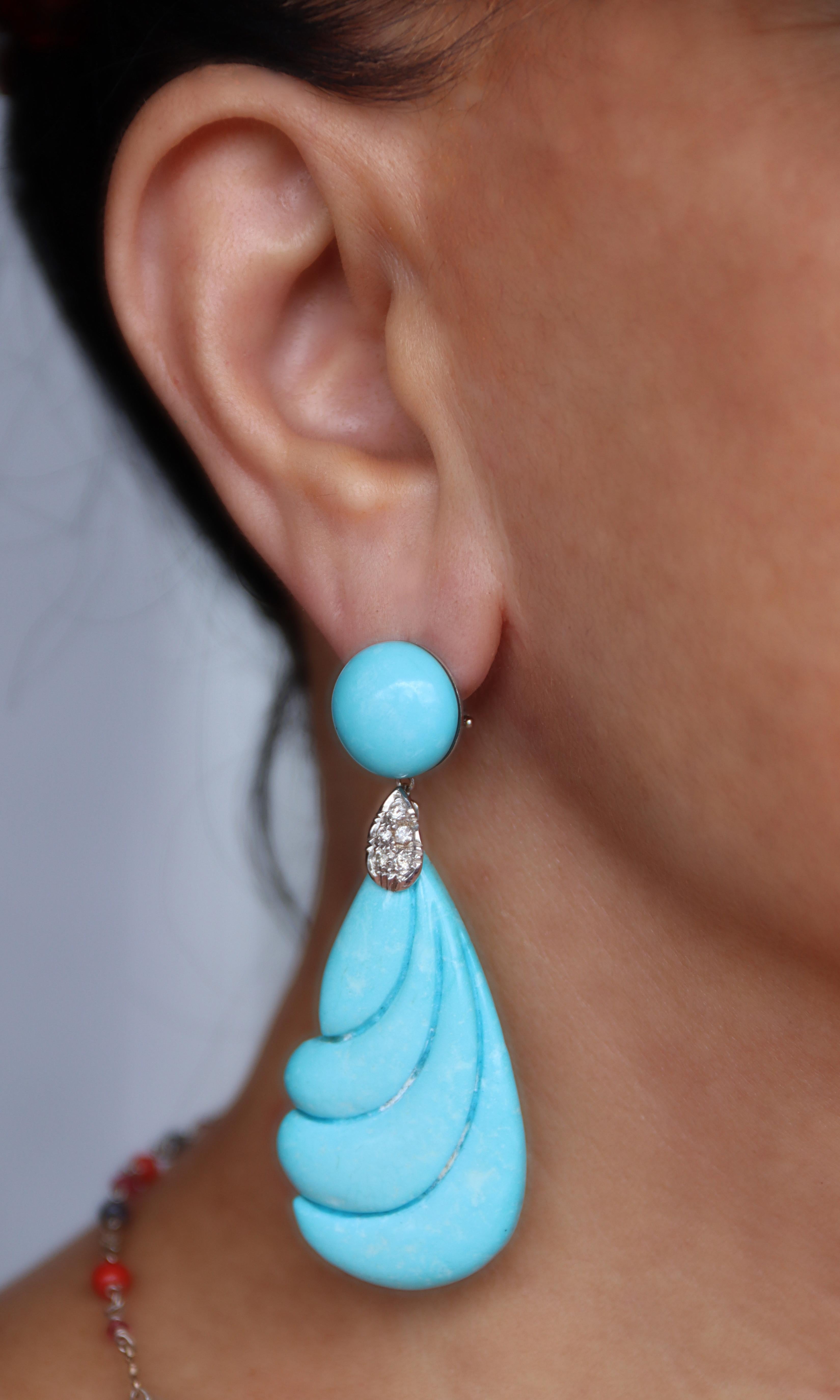 Boucles d'oreilles pendantes en or blanc 18 carats avec turquoise et diamants en vente 2