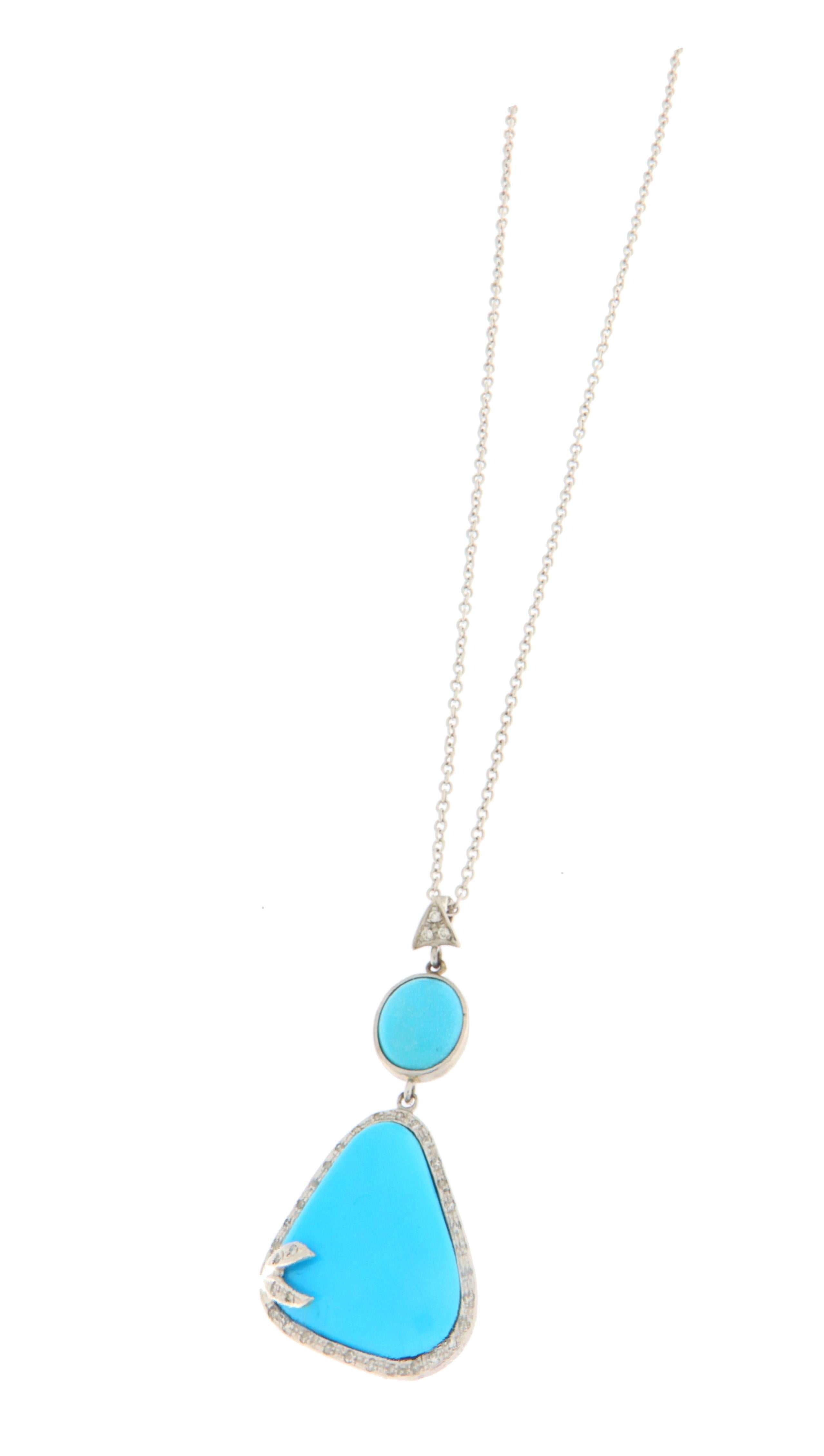 Modern Turquoise Diamonds White Gold 18 Karat Pendant Necklace For Sale