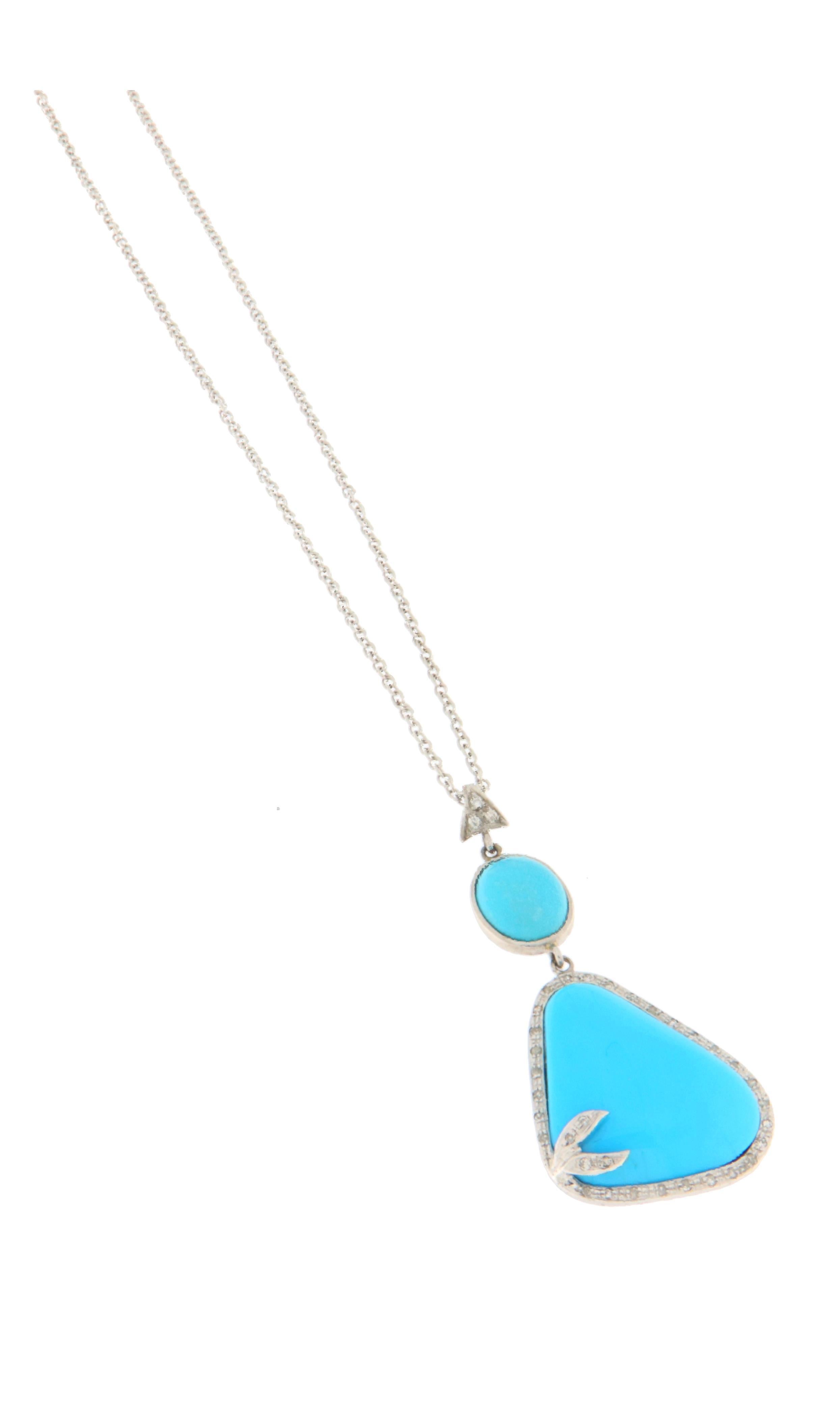 Brilliant Cut Turquoise Diamonds White Gold 18 Karat Pendant Necklace For Sale