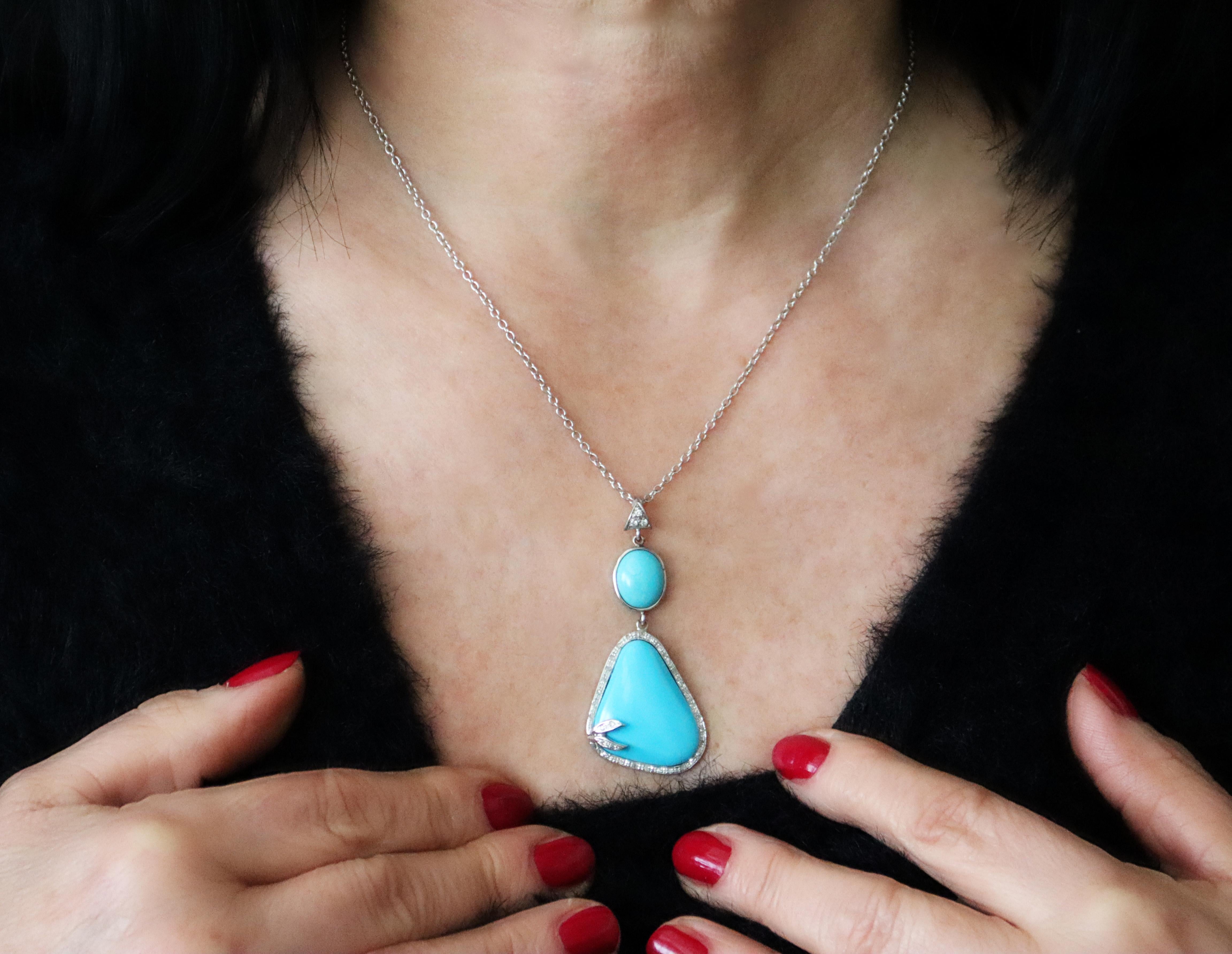 Turquoise Diamonds White Gold 18 Karat Pendant Necklace For Sale 1