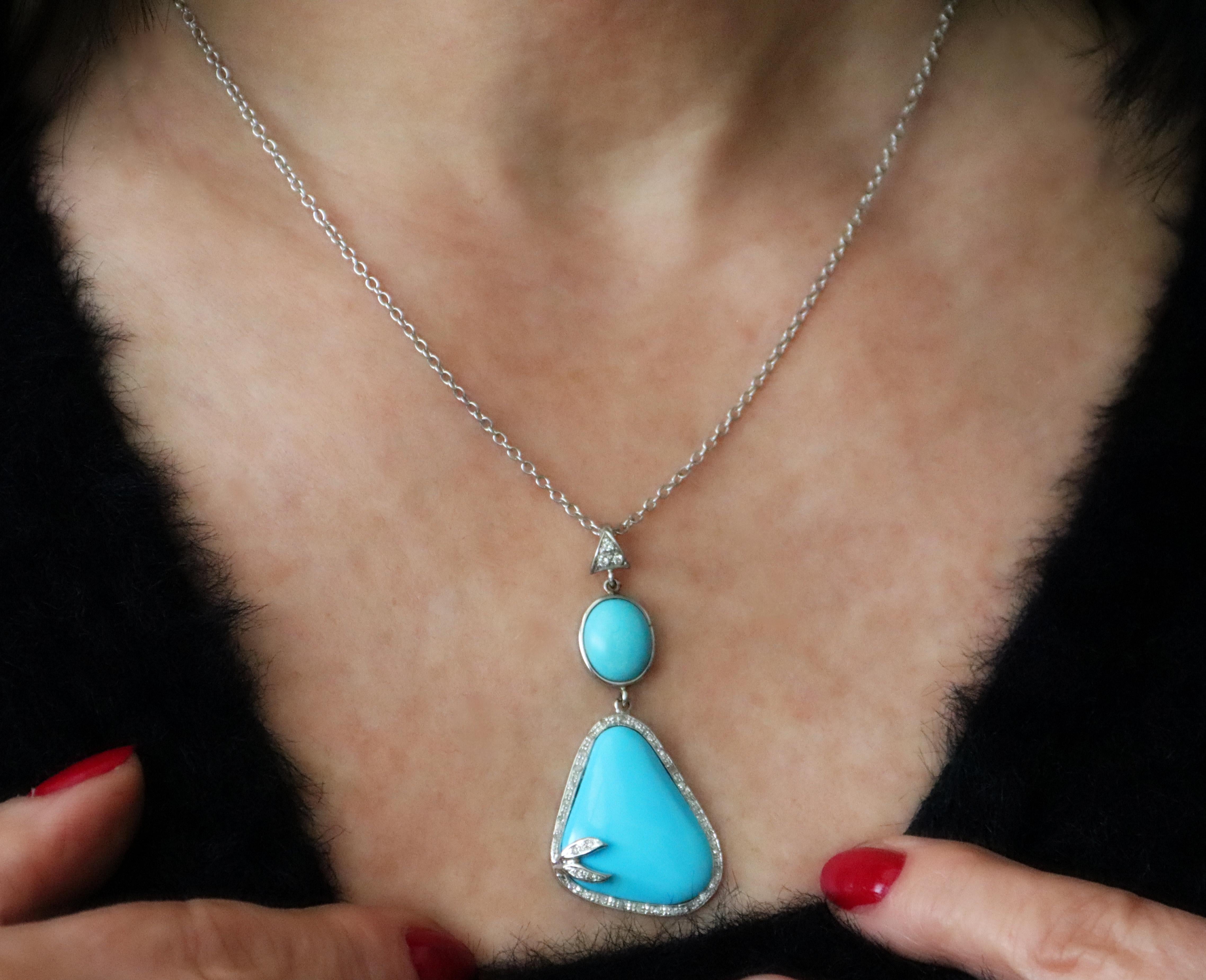 Turquoise Diamonds White Gold 18 Karat Pendant Necklace For Sale 2