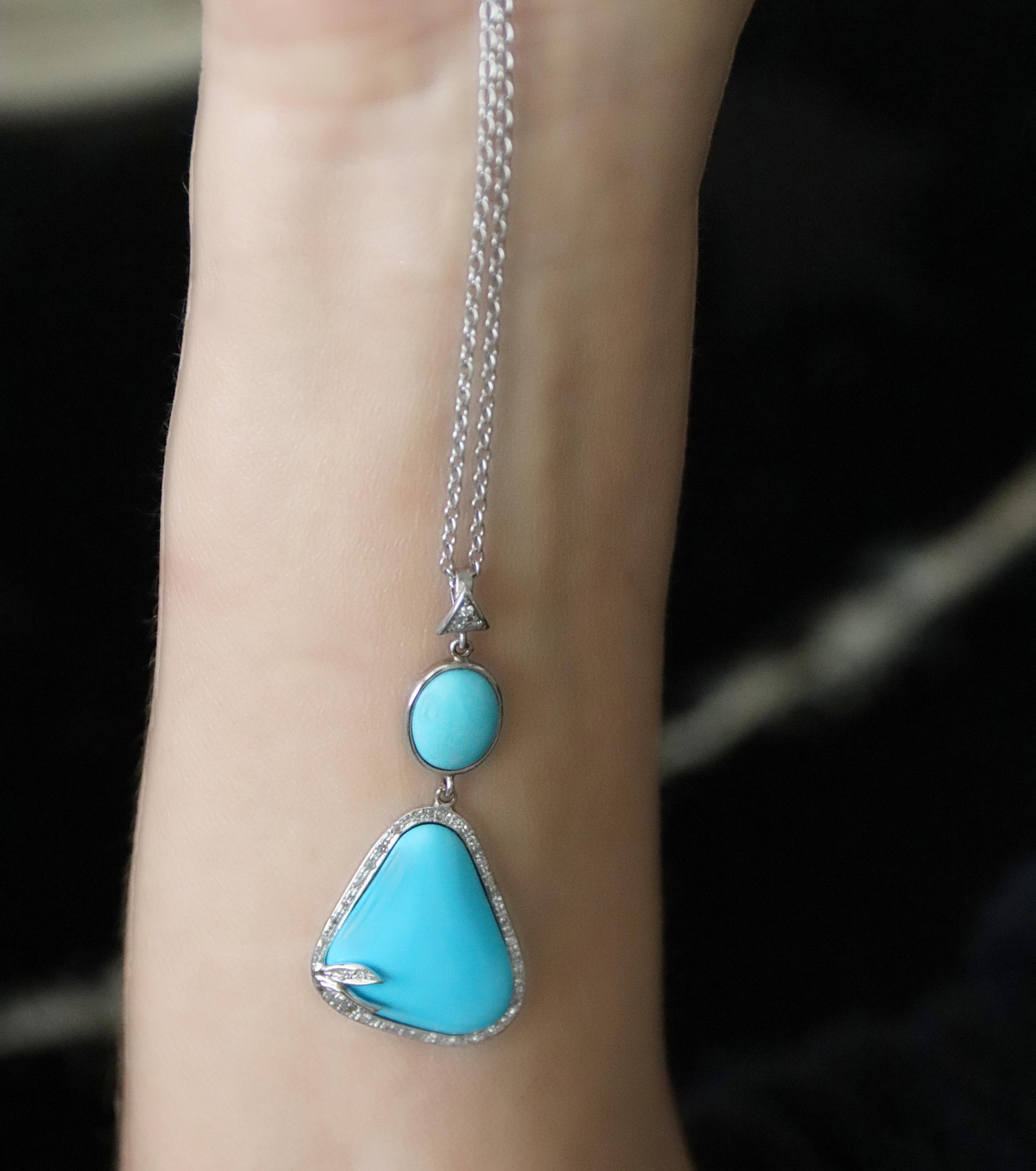 Turquoise Diamonds White Gold 18 Karat Pendant Necklace For Sale 3