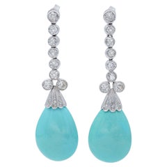 Turquoise, Diamonds, White Gold and Silver Dangle Earrings