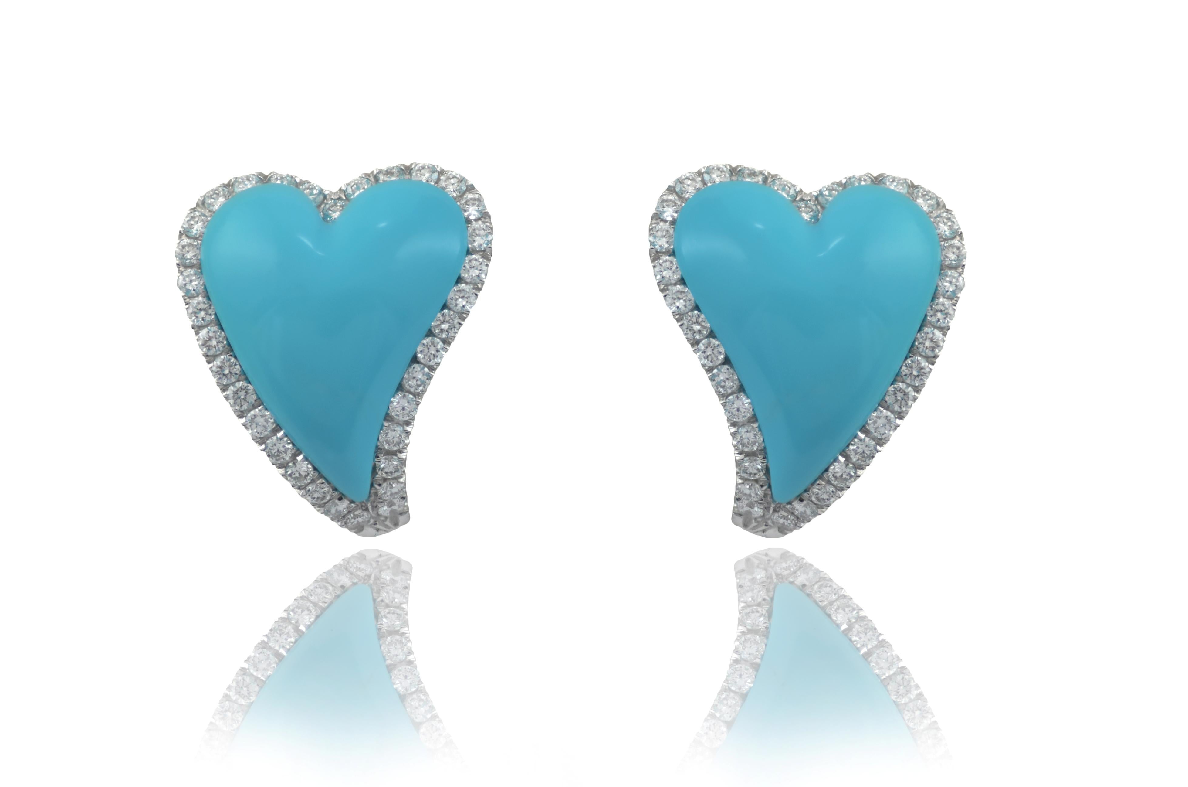 Handcrafted in Italy, in Margherita Burgener workshop, the Two Hearts earrings are elegant and special. Realized in 18Kt white gold, set with diamonds to highlight the bombé natural turquoise hearts.
Eye-catching earrings yet very