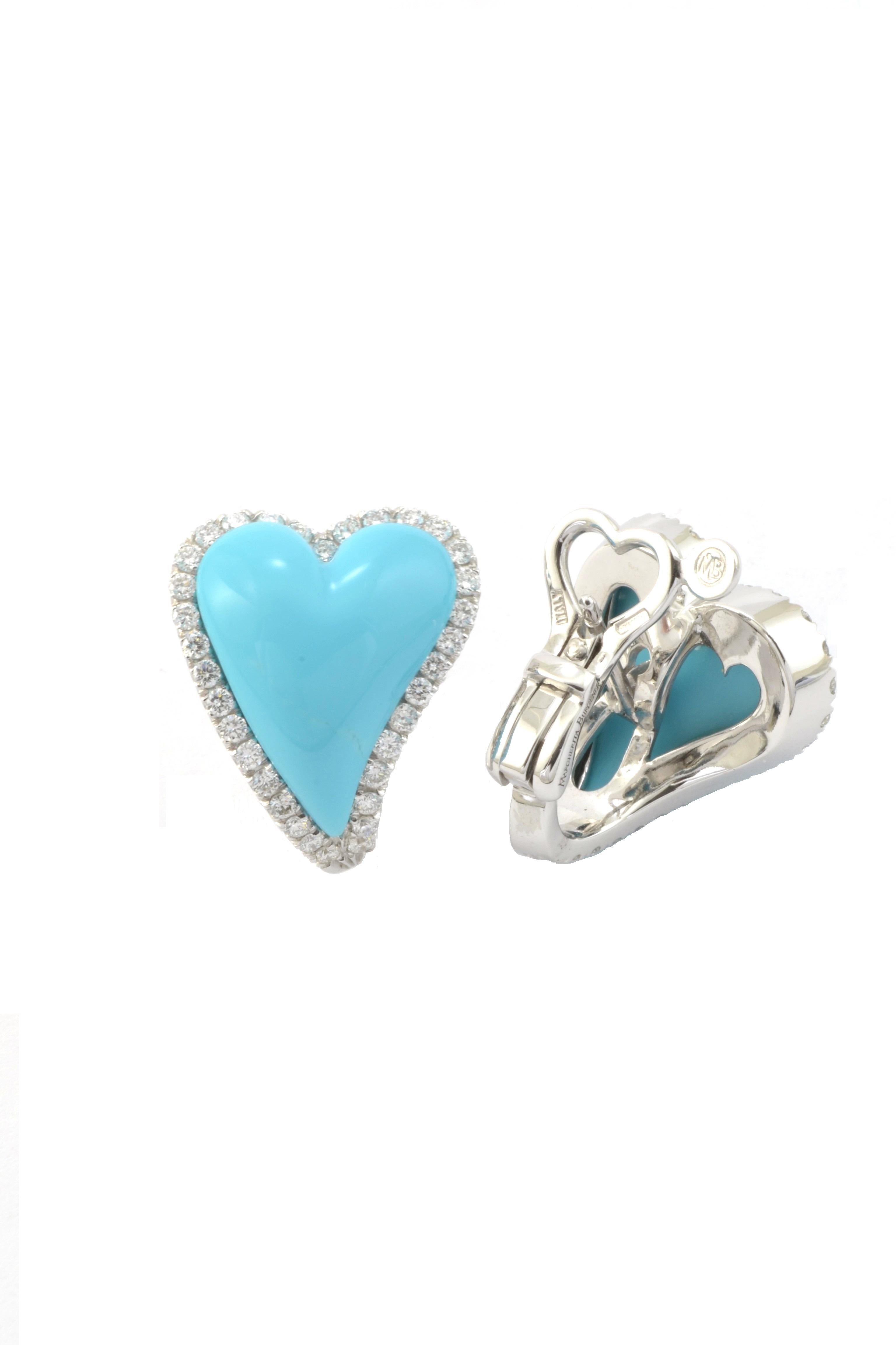 Contemporary Turquoise Diamonds White Gold Two Hearts Made in Italy Earrings For Sale