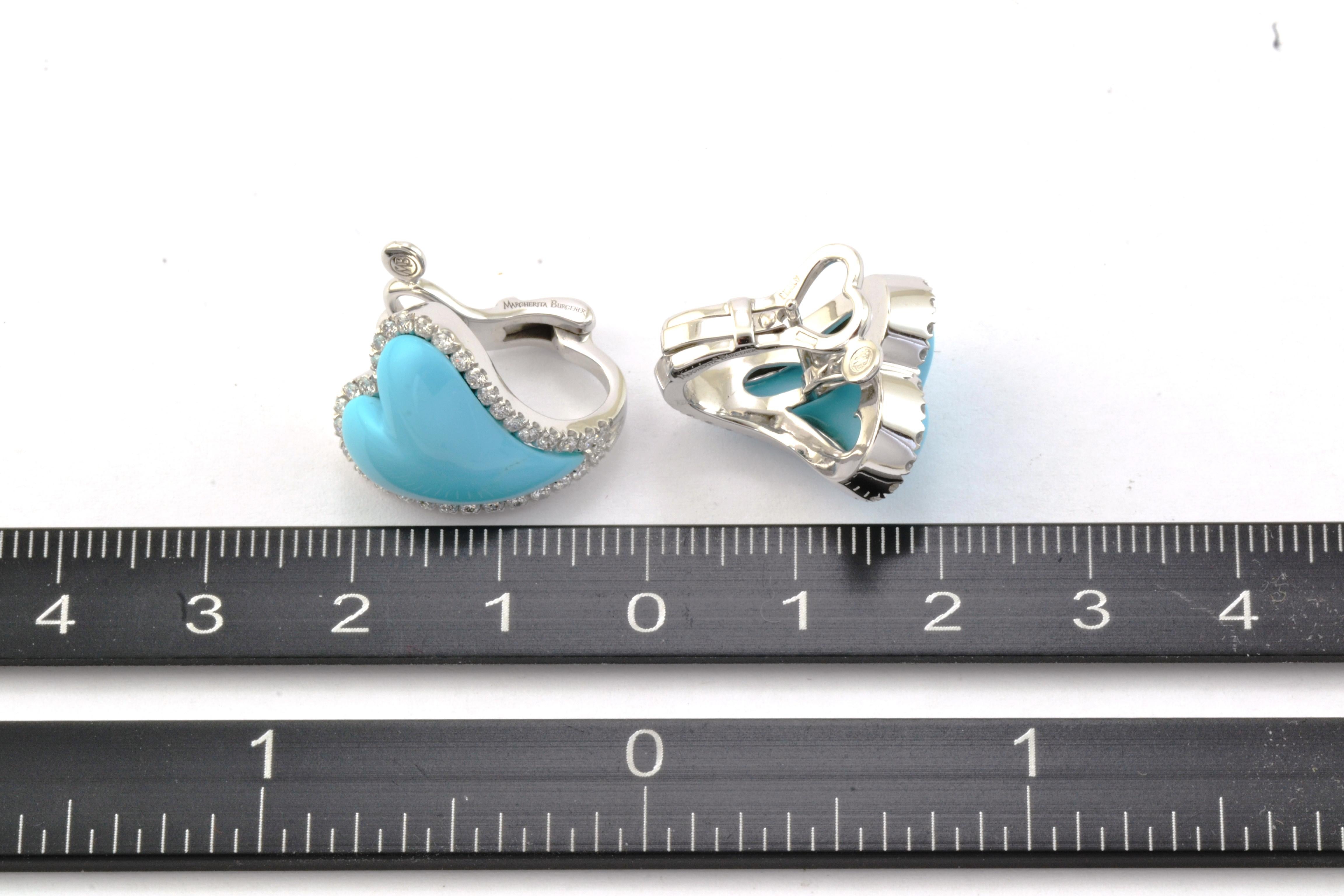 Heart Cut Turquoise Diamonds White Gold Two Hearts Made in Italy Earrings For Sale