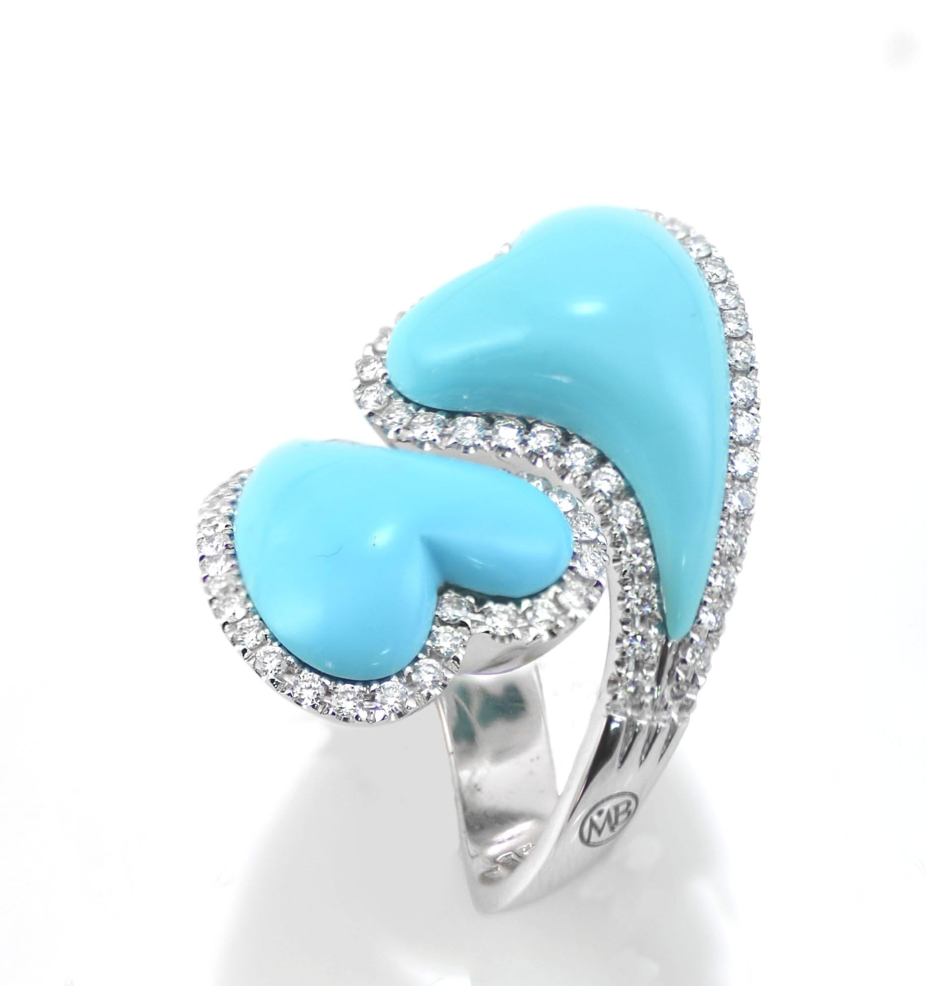 Turquoise Diamonds White Gold Two Hearts Made in Italy Earrings In New Condition For Sale In Valenza , IT