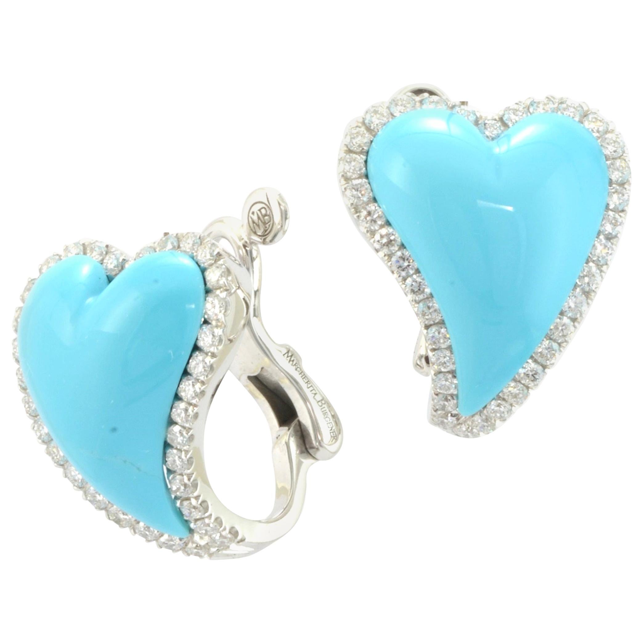 Turquoise Diamonds White Gold Two Hearts Made in Italy Earrings For Sale