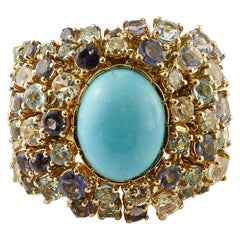 Turquoise, Diamonds, White Sapphires, Topazes, Iolite, 14 Karat Yellow Gold Ring