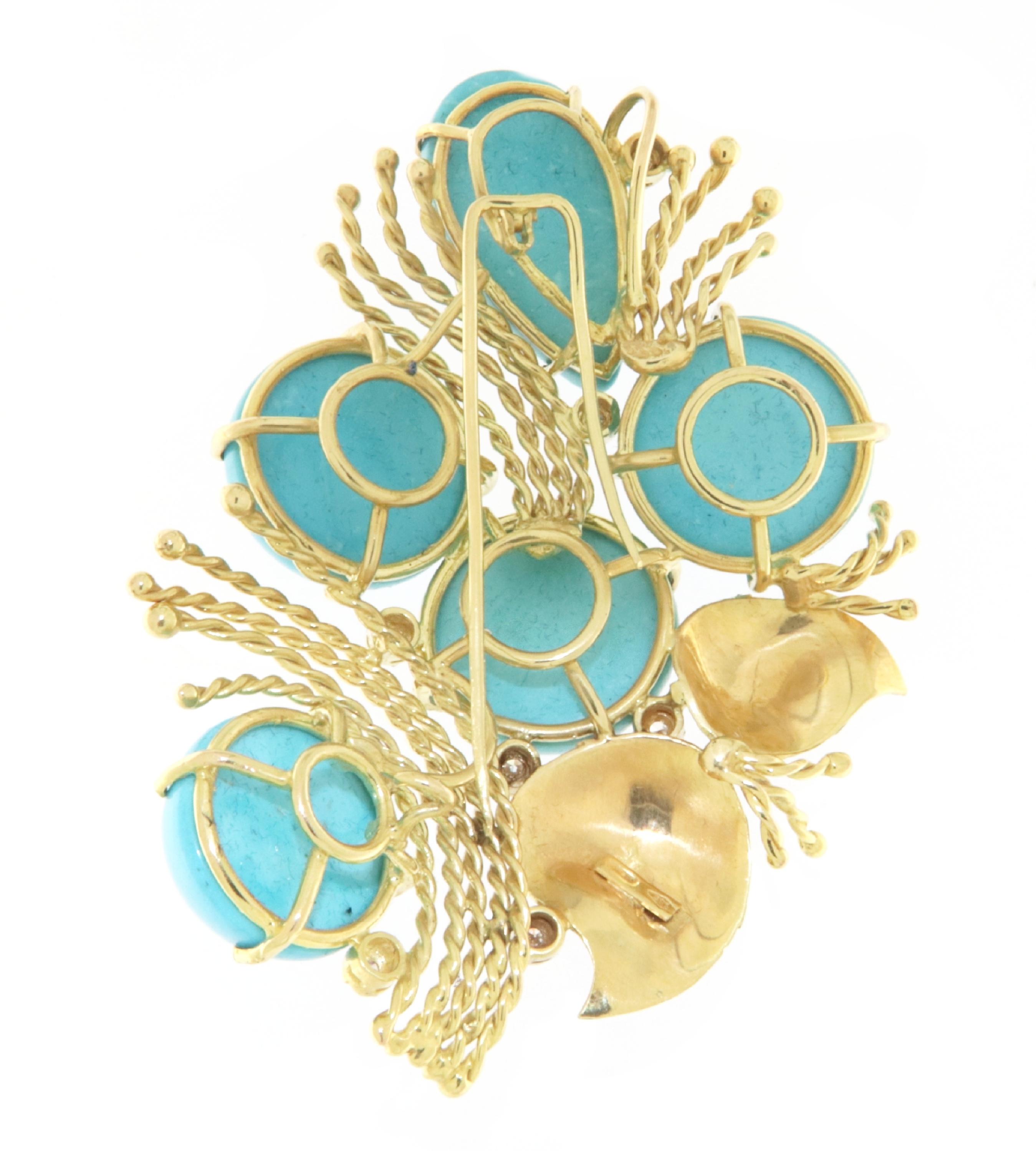 Spectacular brooch that can also function as a pendant made of 14-karat yellow gold in the shape of a bouquet of flowers, embellished with natural turquoises of various shapes (drops and half-round) and brilliant-cut diamonds.

The flower bundle
