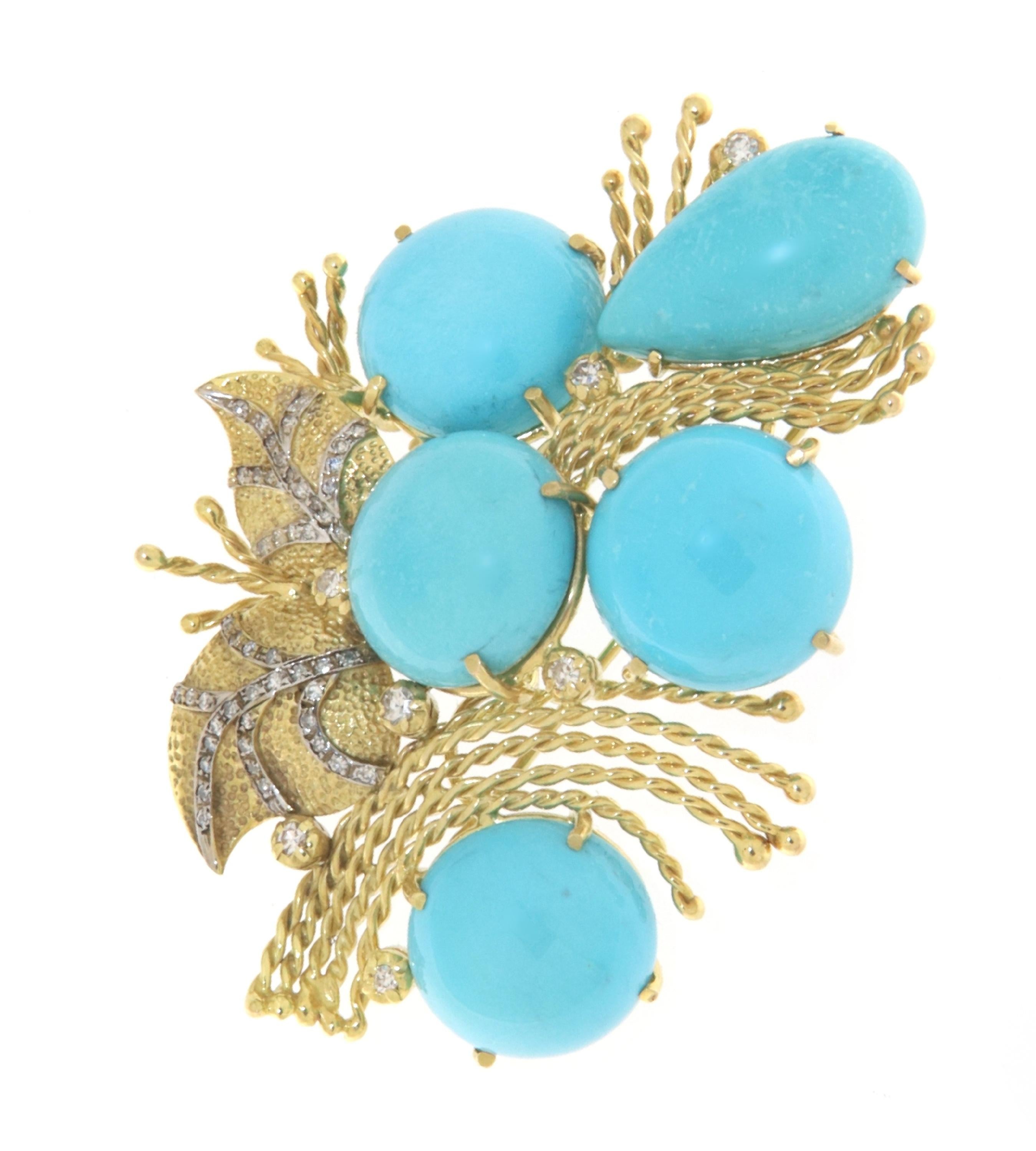 Artist Turquoise Diamonds Yellow Gold 14 Karat Brooch For Sale