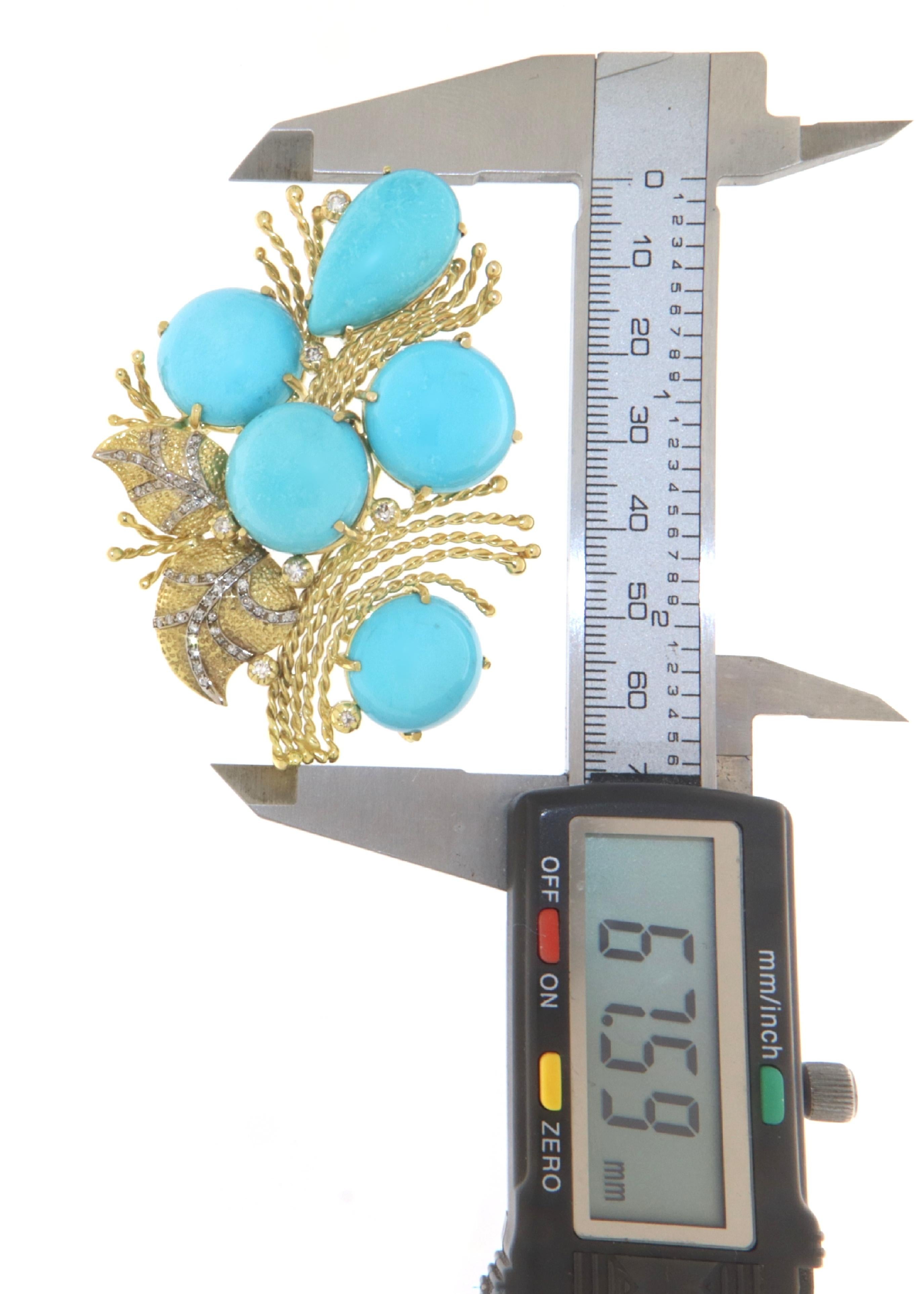 Turquoise Diamonds Yellow Gold 14 Karat Brooch In New Condition For Sale In Marcianise, IT