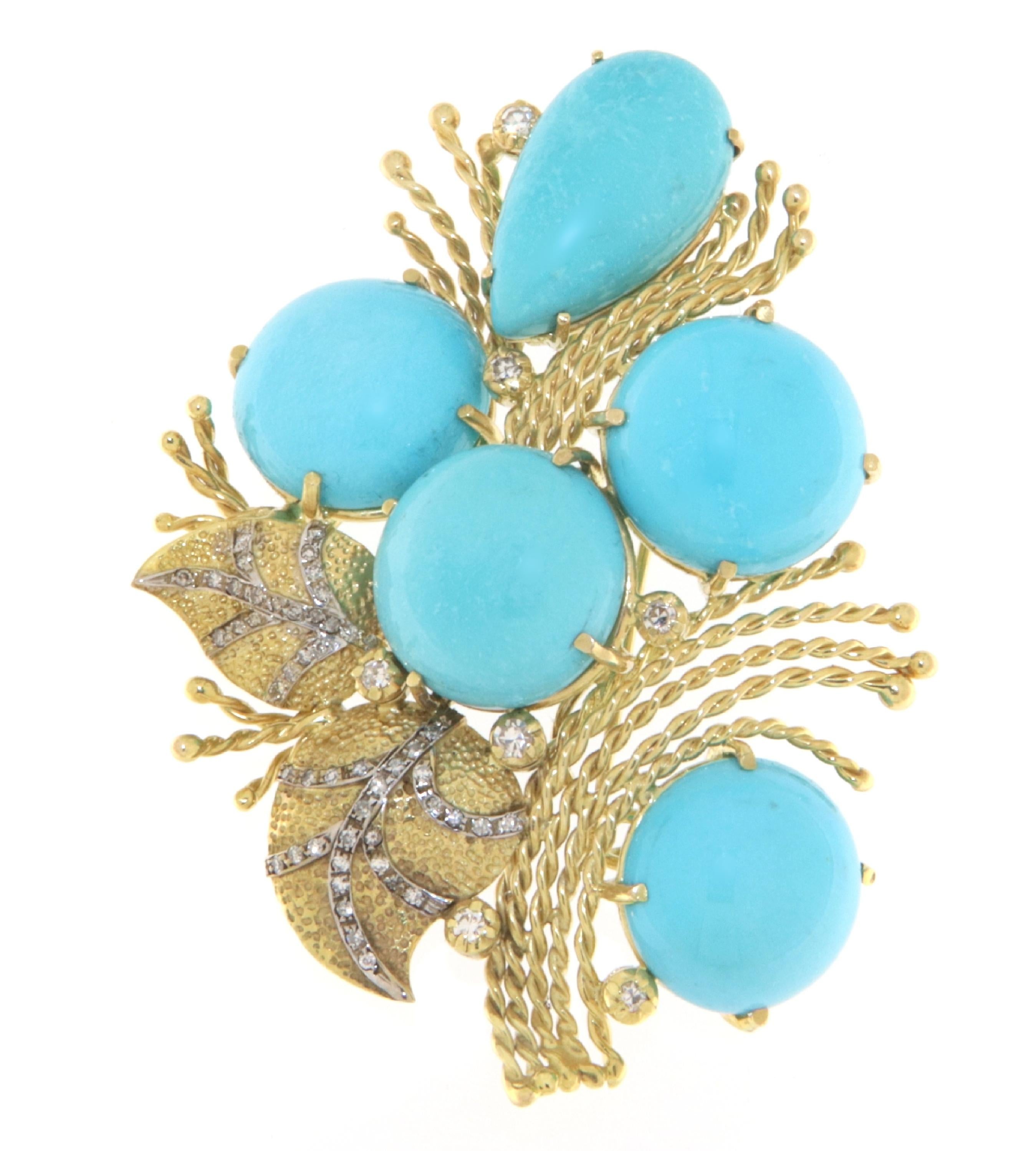 Women's Turquoise Diamonds Yellow Gold 14 Karat Brooch For Sale