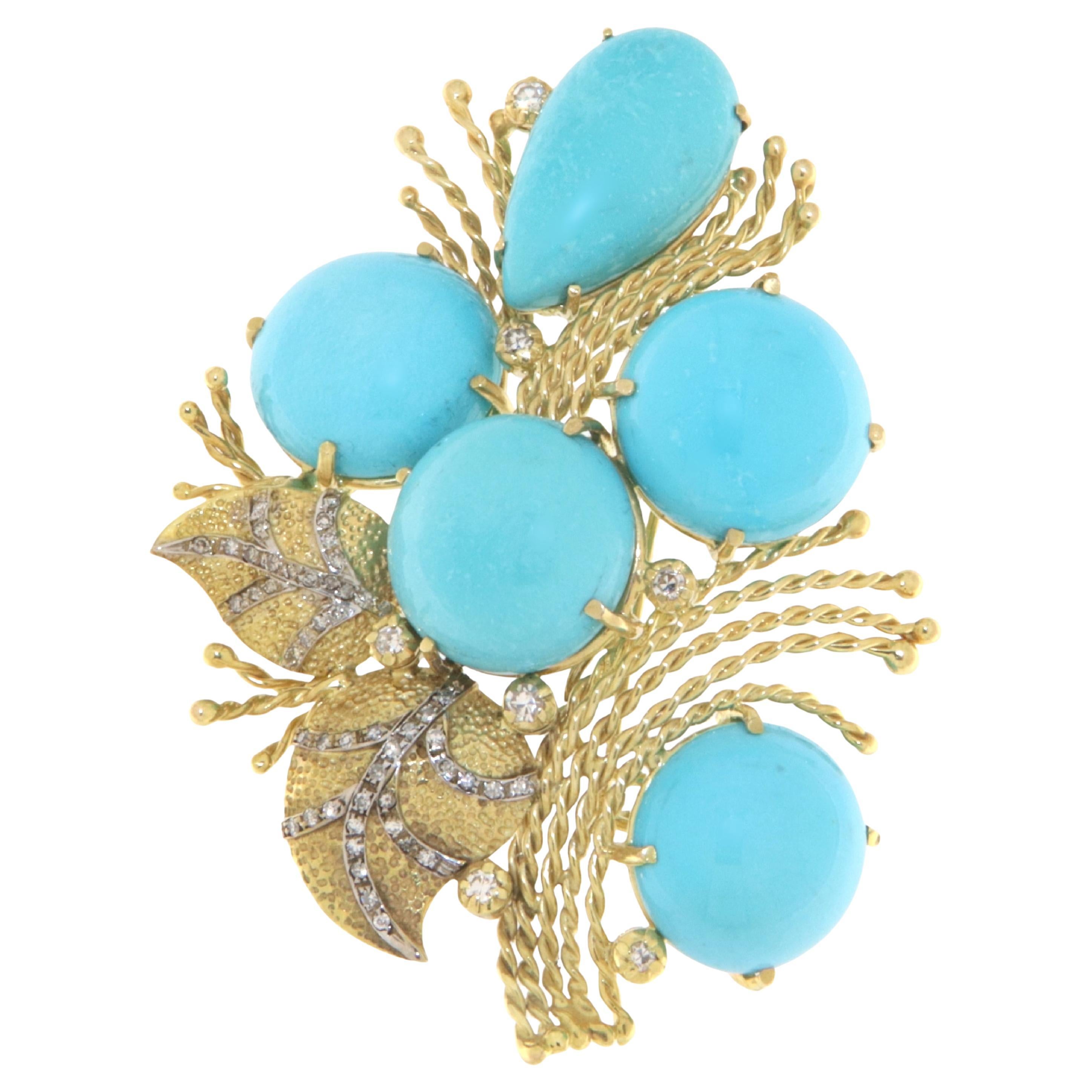 Turquoise Diamonds Yellow Gold 14 Karat Brooch