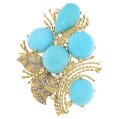 Turquoise Diamonds Yellow Gold 14 Karat Brooch