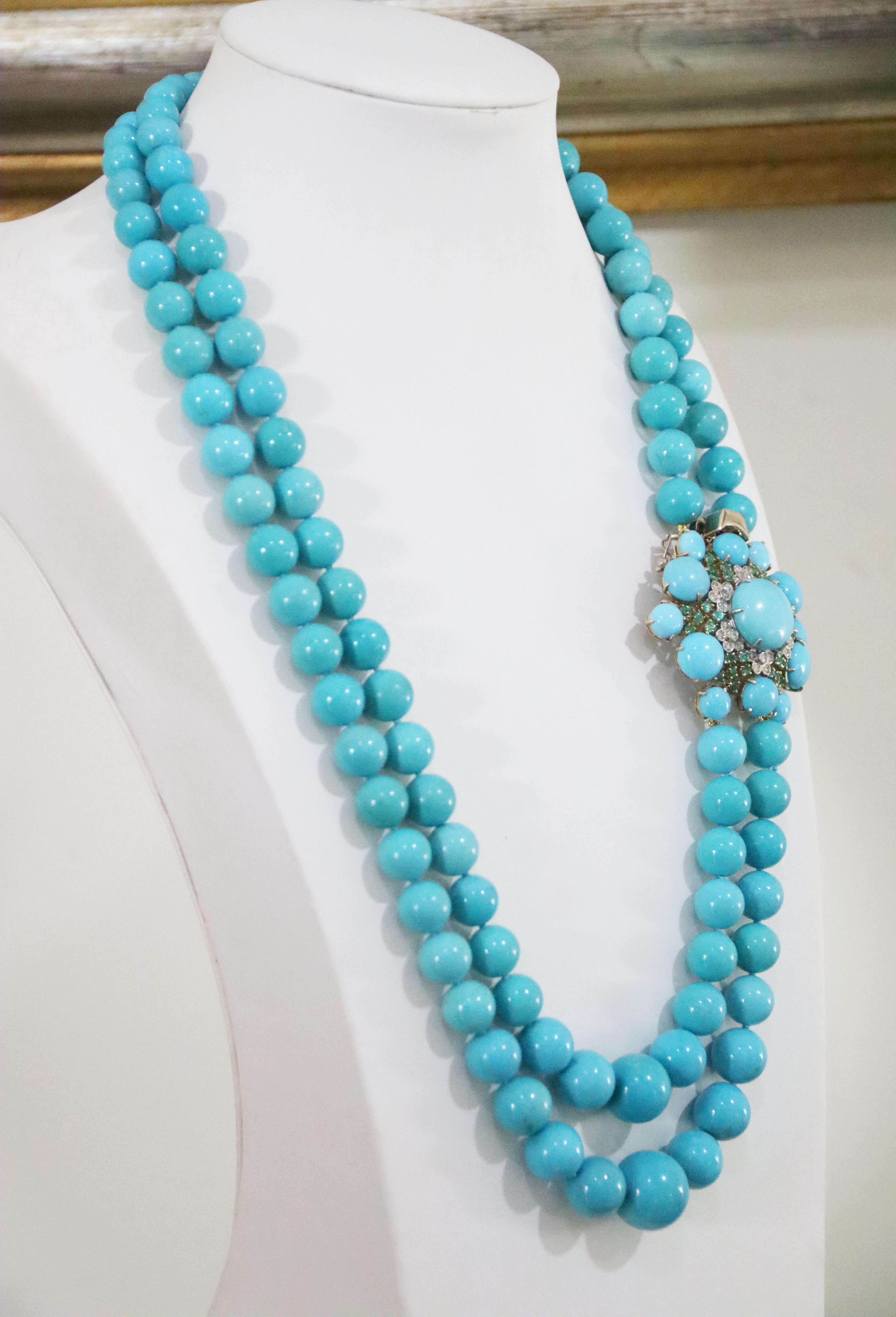 Artisan Turquoise Diamonds Yellow Gold 18 Karat Beaded Necklace For Sale