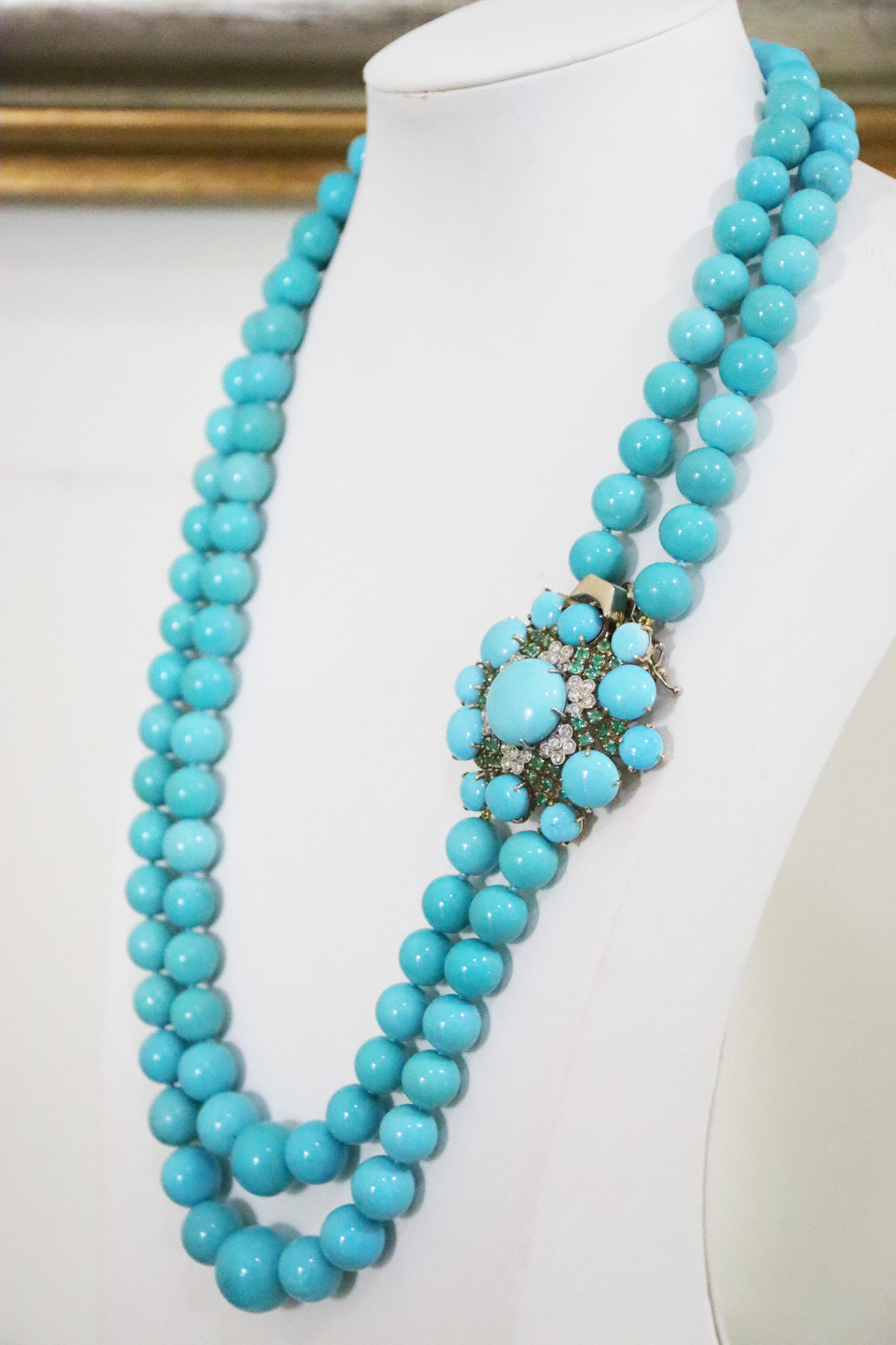 Turquoise Diamonds Yellow Gold 18 Karat Beaded Necklace In New Condition For Sale In Marcianise, IT