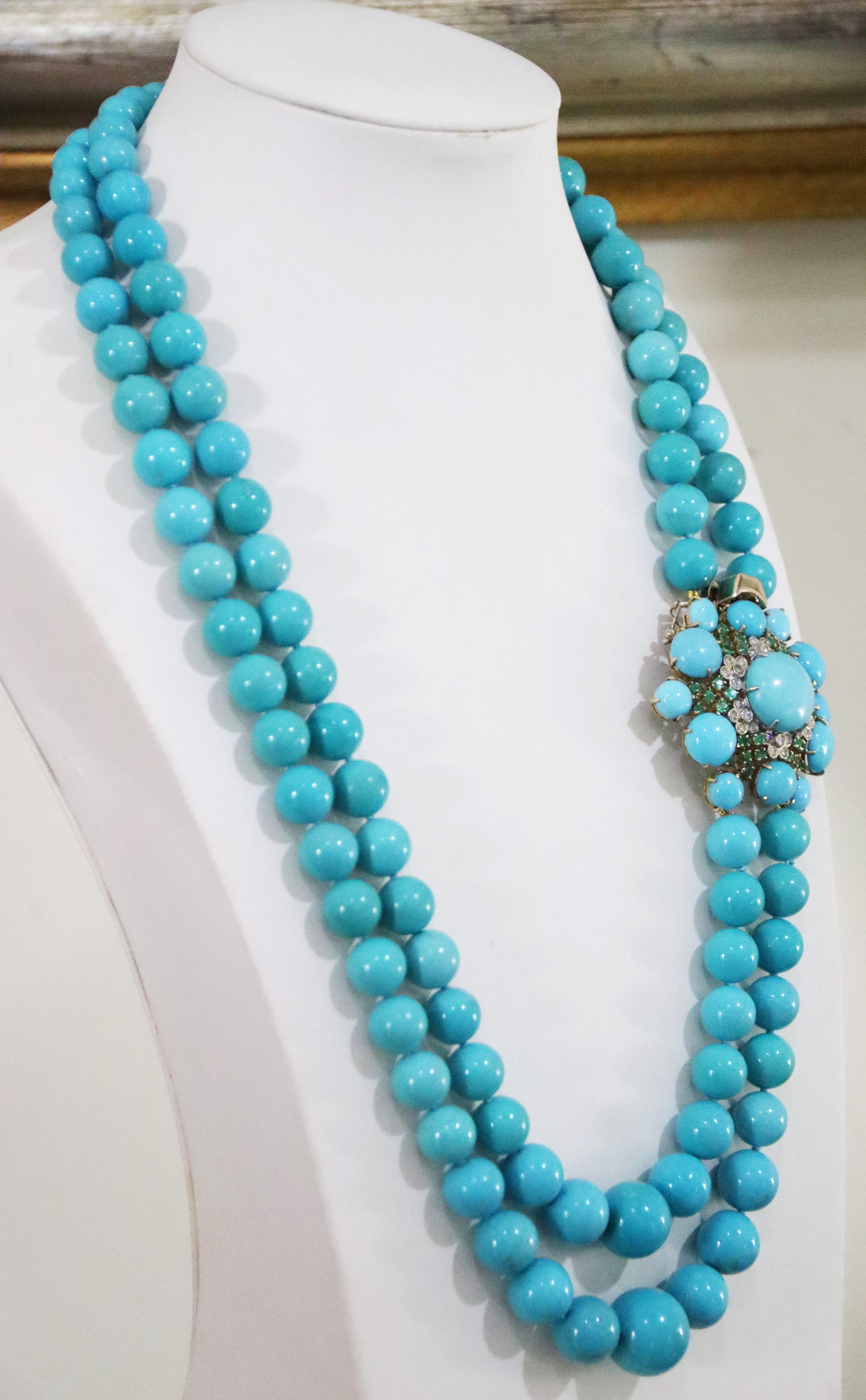Women's Turquoise Diamonds Yellow Gold 18 Karat Beaded Necklace For Sale