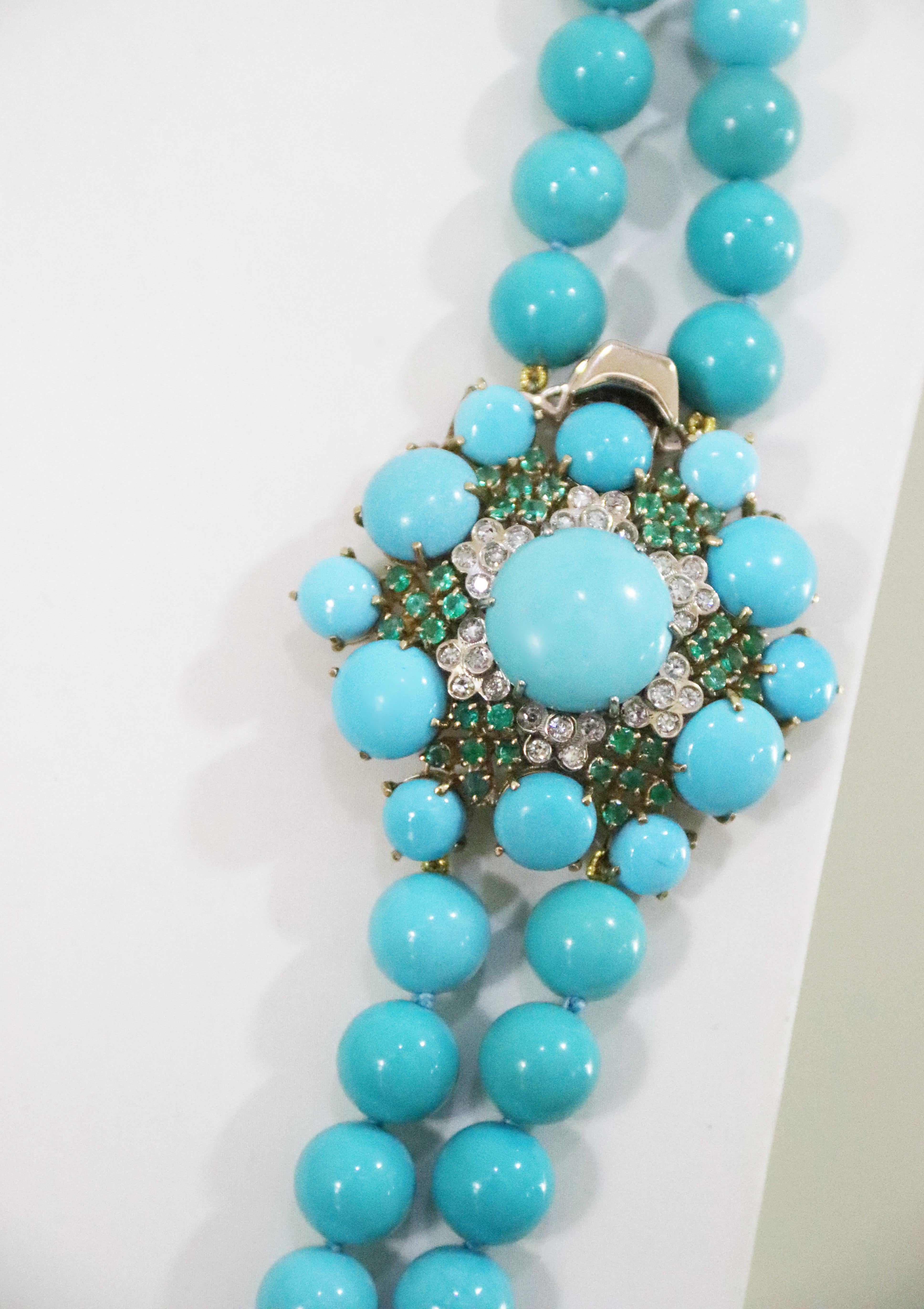 Turquoise Diamonds Yellow Gold 18 Karat Beaded Necklace For Sale 1