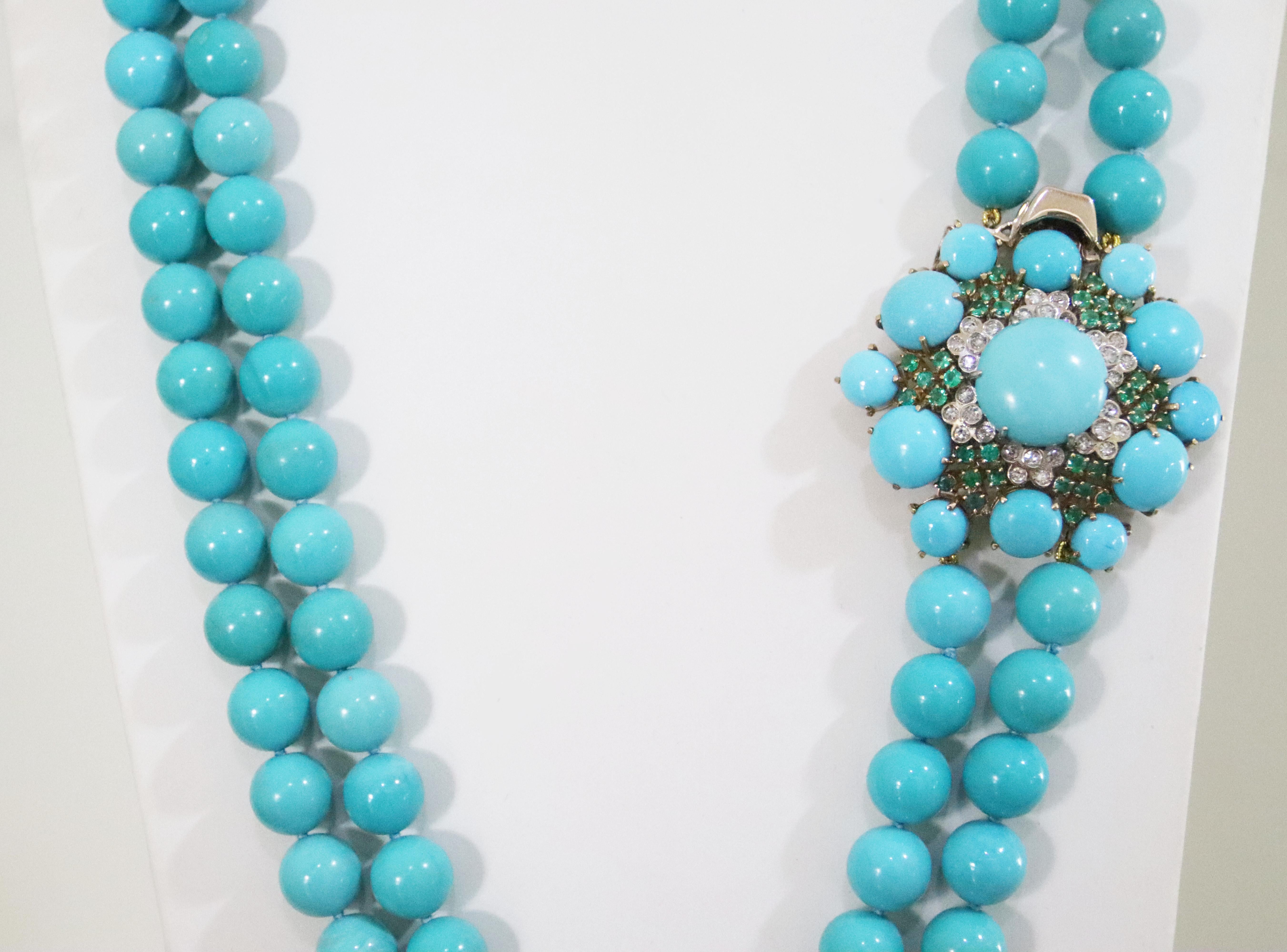 Turquoise Diamonds Yellow Gold 18 Karat Beaded Necklace For Sale 2