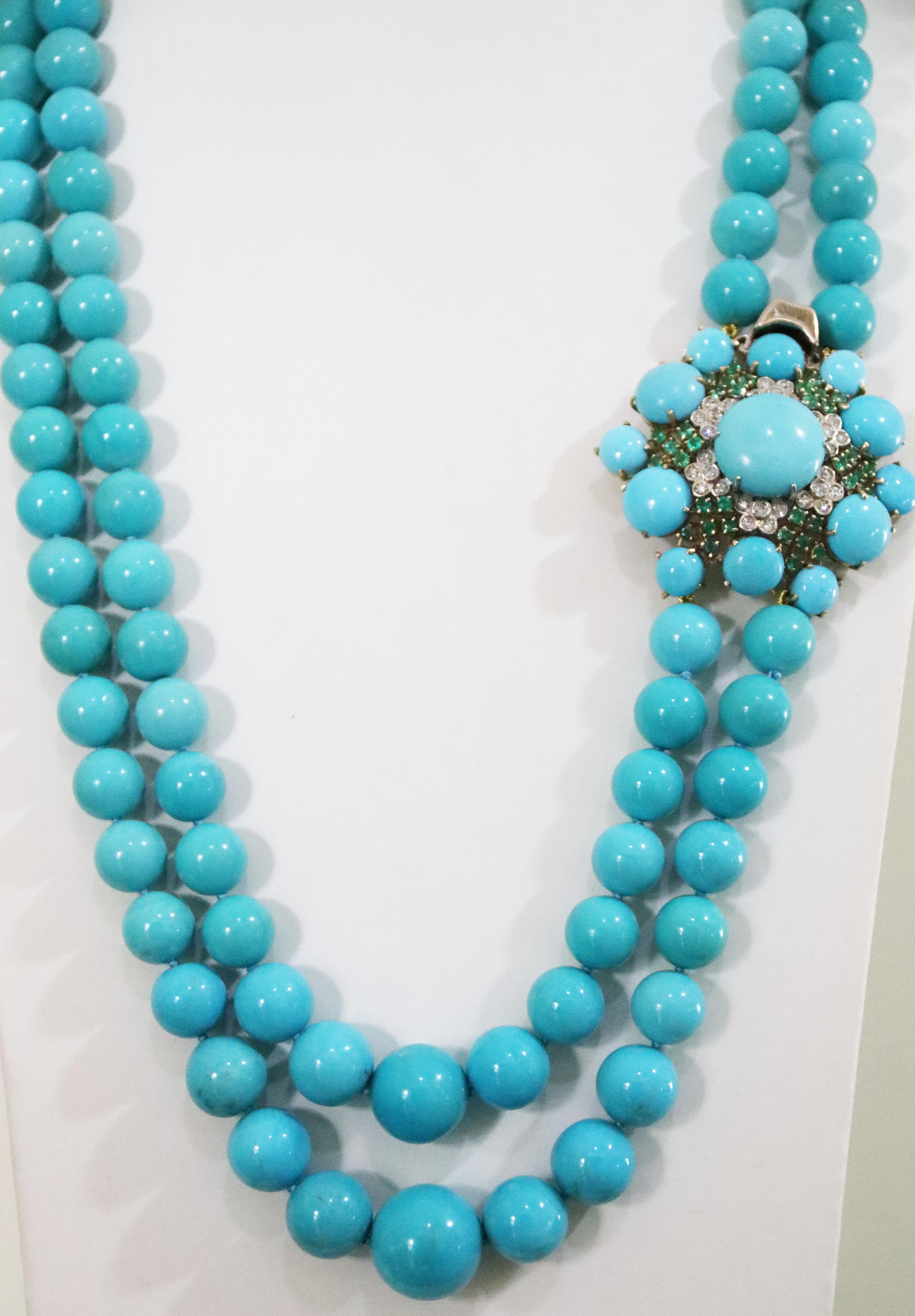 Turquoise Diamonds Yellow Gold 18 Karat Beaded Necklace For Sale 3