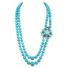 Turquoise Diamonds Yellow Gold 18 Karat Beaded Necklace