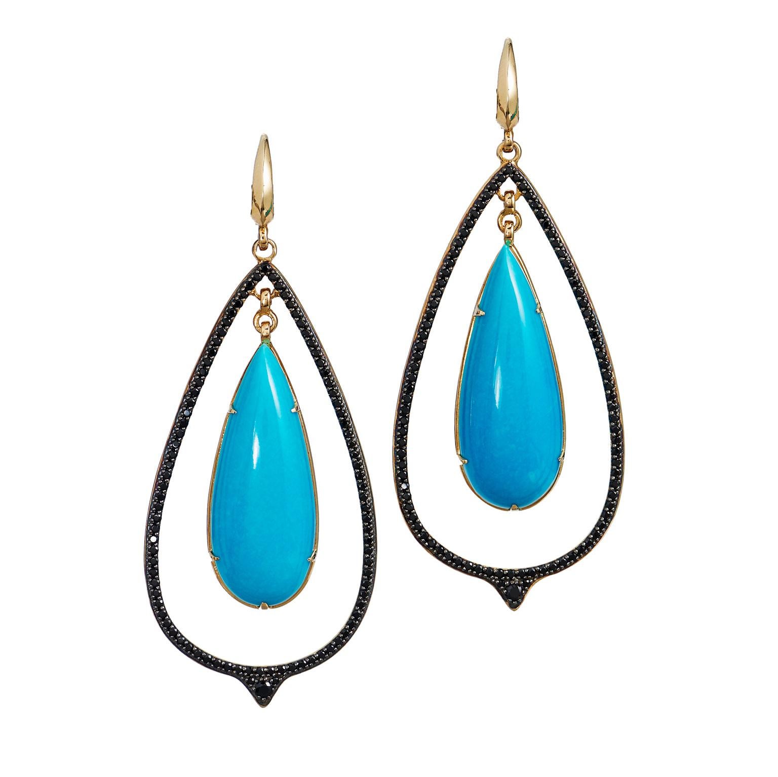 Large 14 Karat Gold Turquoise Double-Drop Spinel Pave Set Lever Back Earrings In New Condition In Miami, FL