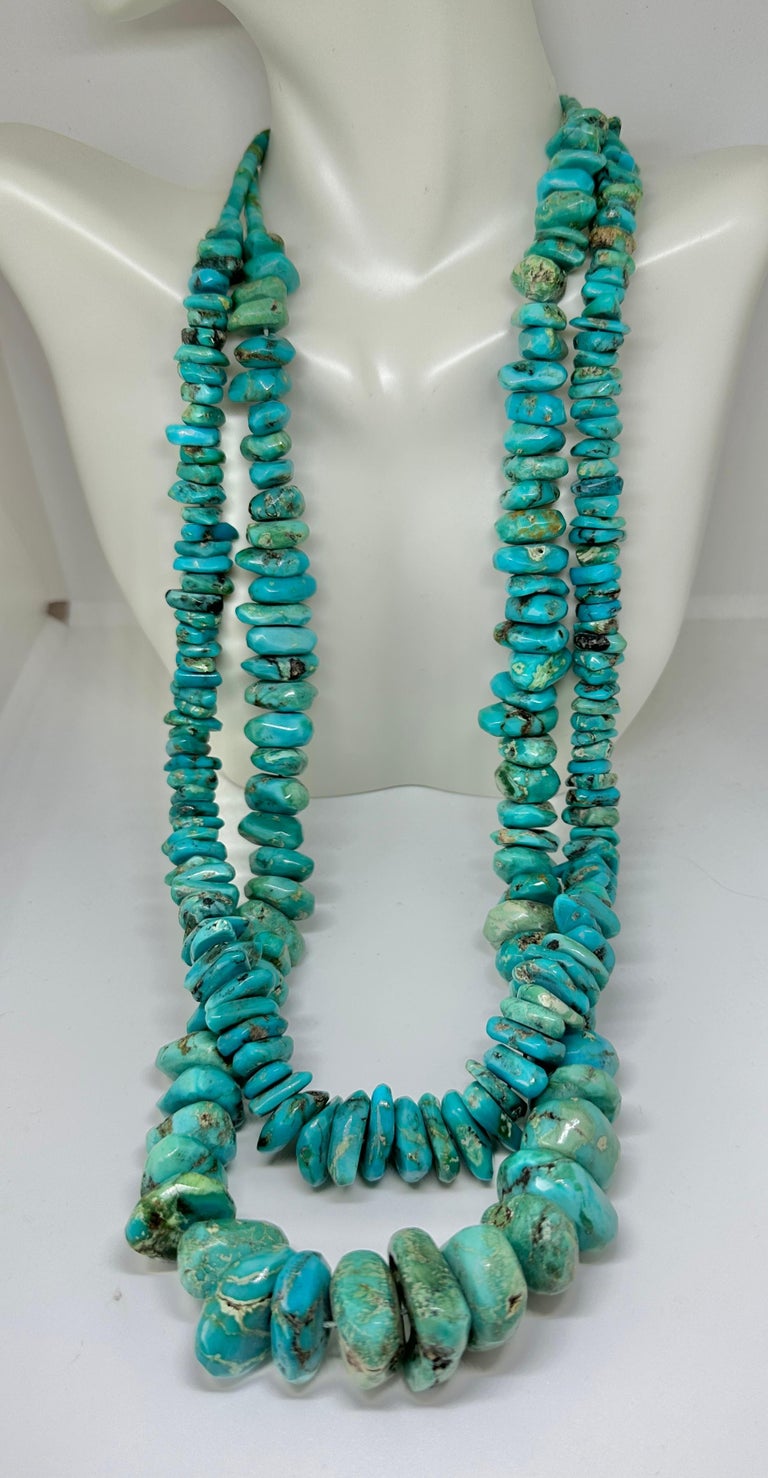 Retro Turquoise Double Strand Necklace 14 Karat Yellow Gold Antique Mary Lou Daves For Sale
