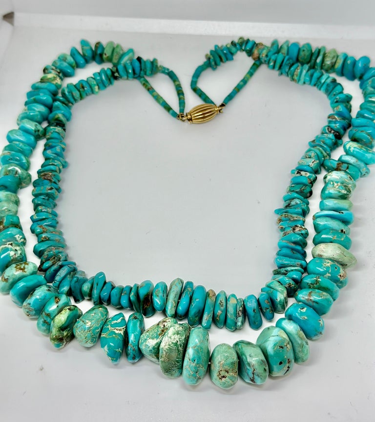 Turquoise Double Strand Necklace 14 Karat Yellow Gold Antique Mary Lou Daves For Sale 1