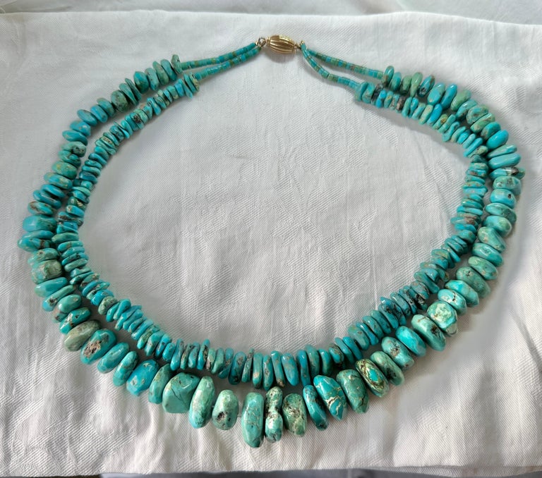 Turquoise Double Strand Necklace 14 Karat Yellow Gold Antique Mary Lou Daves For Sale 3