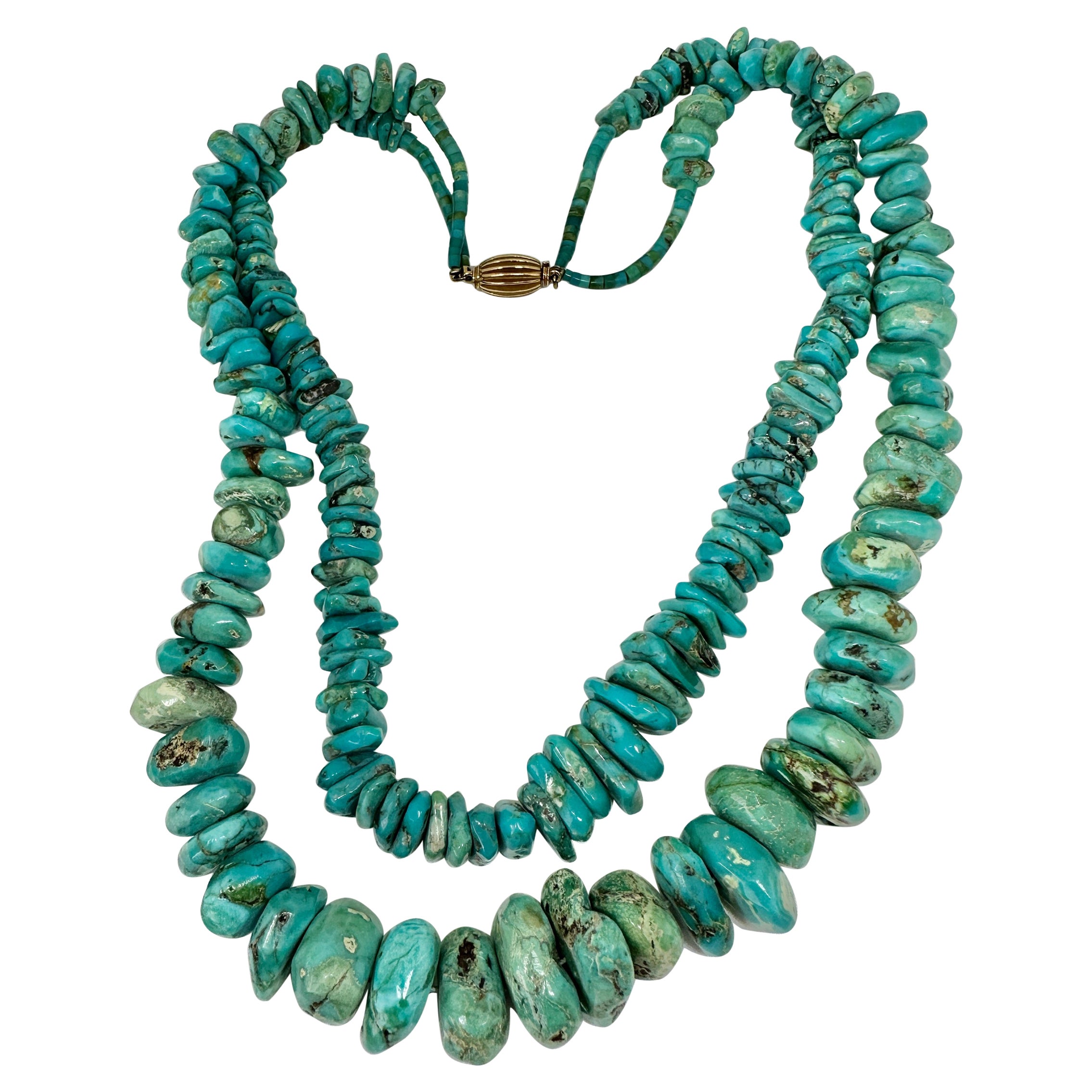Collar Turquesa Doble Filamento Oro Amarillo 14 Kilates Antiguo Mary Lou Daves