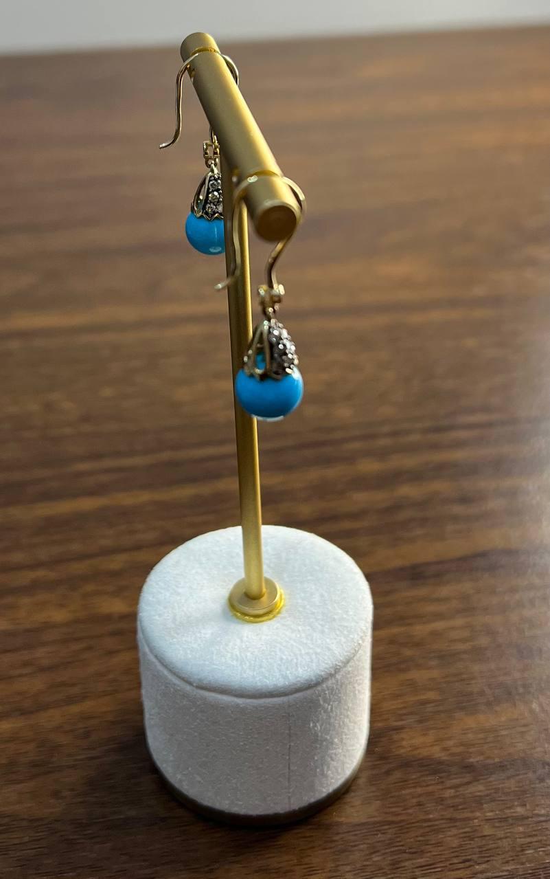 Mixed Cut Turquoise Drop Champagne Diamonds Pave Drop 14K Yellow Gold Earrings For Sale