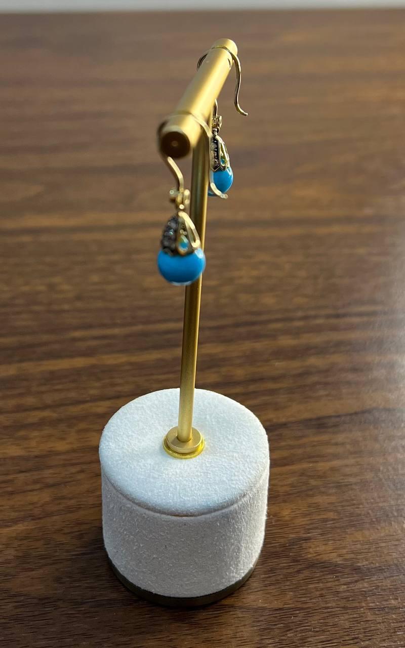Turquoise Drop Champagne Diamonds Pave Drop 14K Yellow Gold Earrings In New Condition For Sale In Oakton, VA