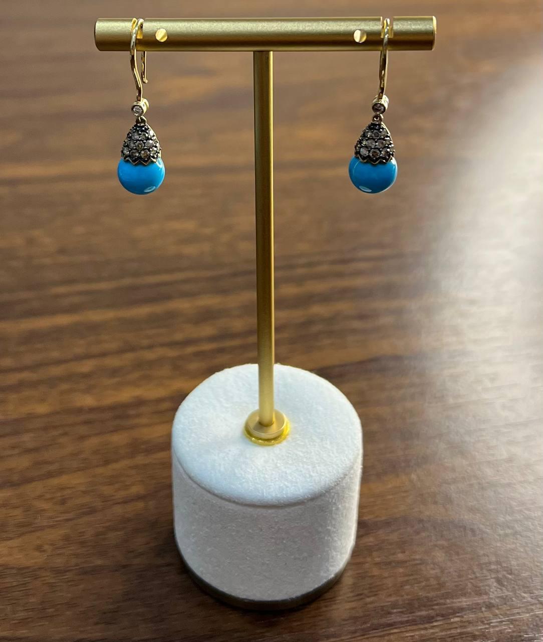 Women's Turquoise Drop Champagne Diamonds Pave Drop 14K Yellow Gold Earrings For Sale